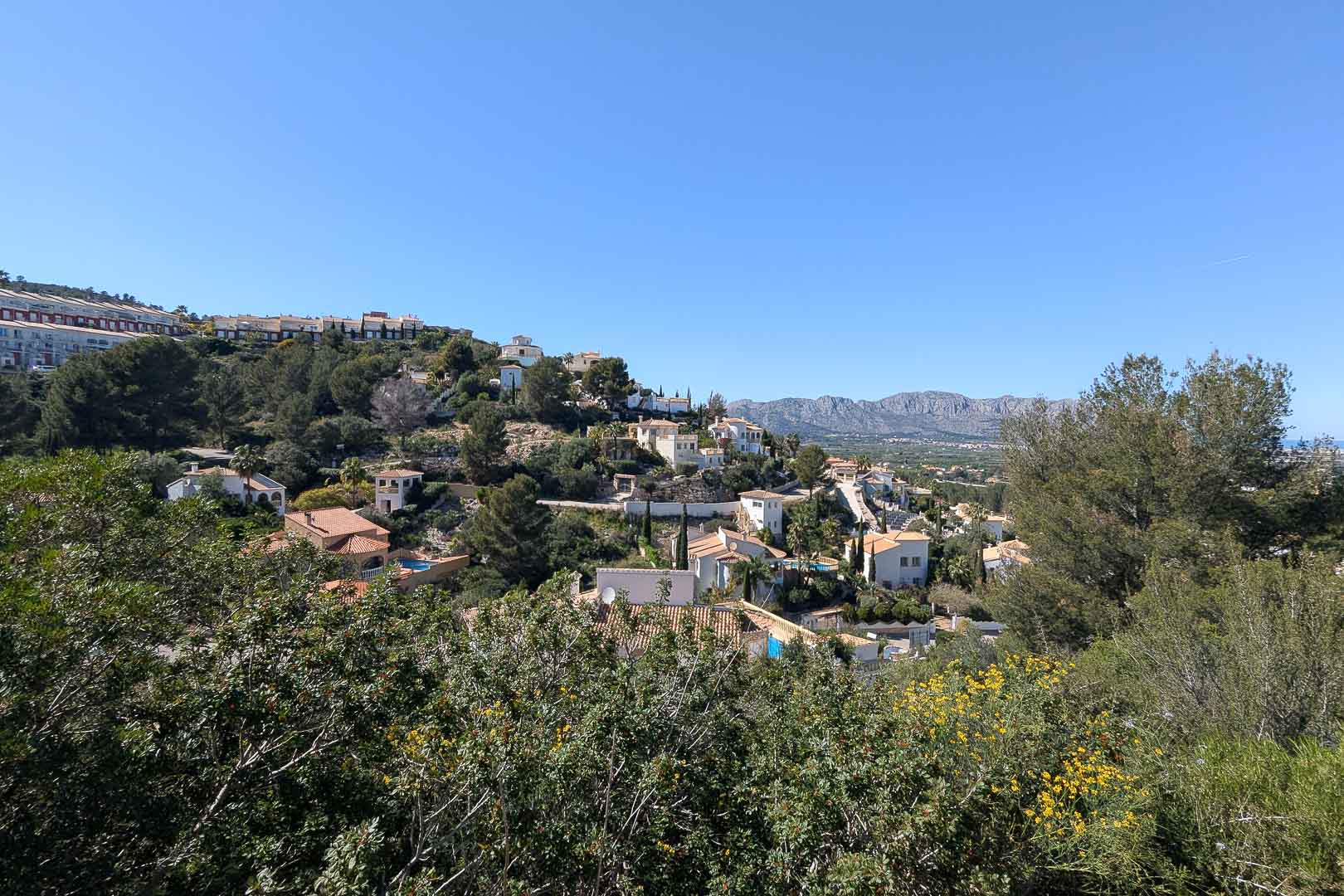 Panoramablick auf das Wohngebiet mit rot gedeckten Häusern und üppigem Grün unter blauem Himmel.