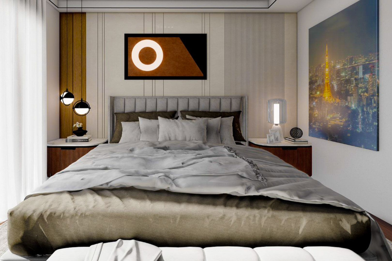 Schlafzimmer mit grauem, gepolstertem Kopfteil, neutraler Bettwäsche und minimalistischem Dekor.