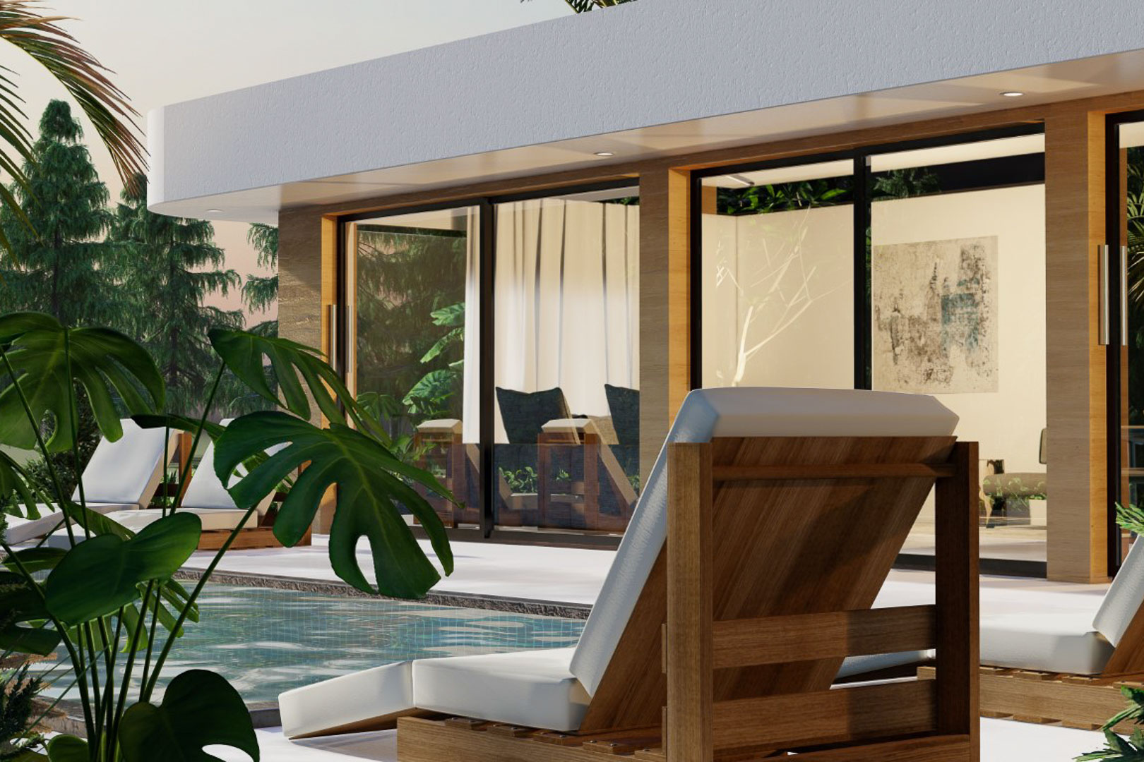 Terrassenansicht mit hölzernen Liegestühlen und Pool. Große Glasfenster verbinden den Innen- mit dem Außenbereich.