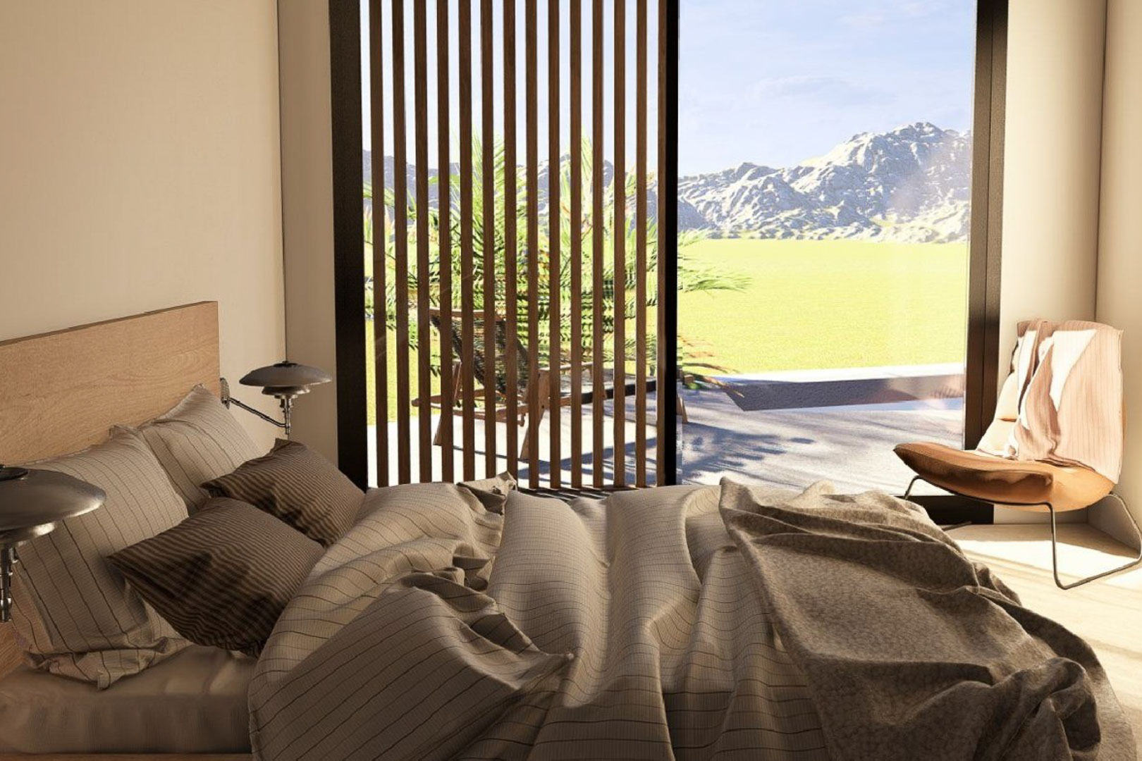 Helles Schlafzimmer mit bodentiefen Glasfronten, vertikalen Holzlamellen und direktem Zugang zur Terrasse mit Blick auf das Bergpanorama.