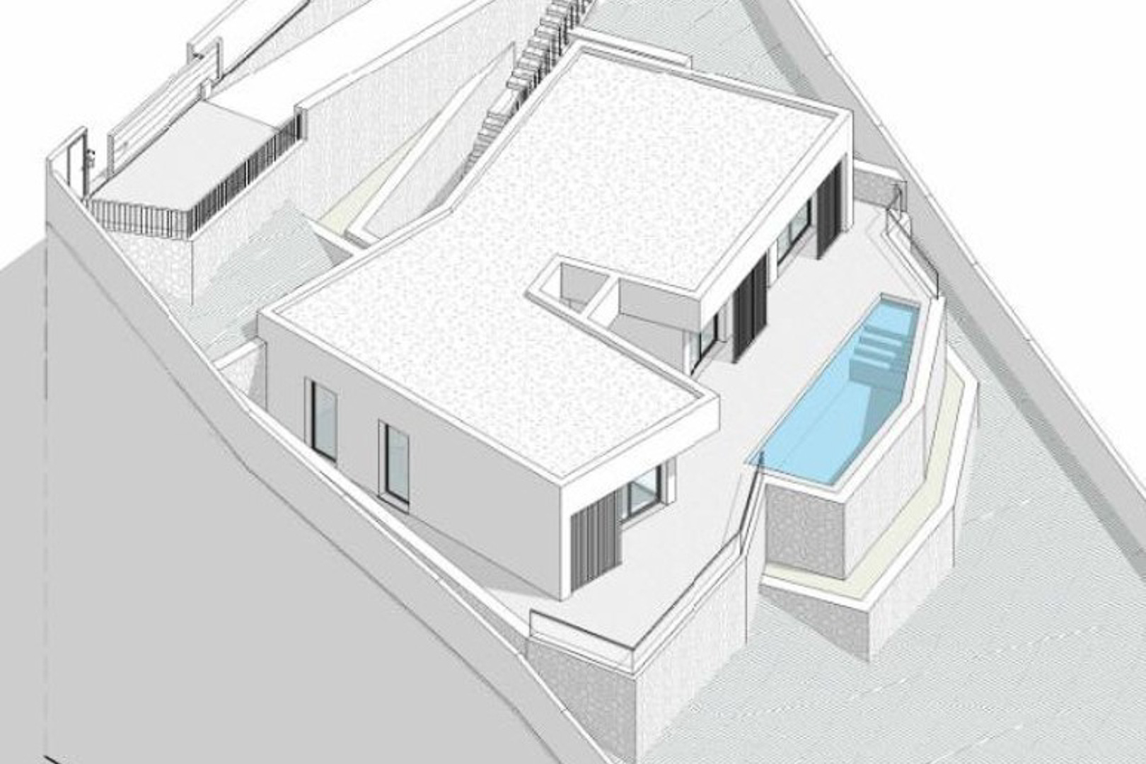 Isometrische Architekturzeichnung der modernen Villa mit Flachdach, weitläufiger Terrasse und integriertem Pool auf einem terrassierten Grundstück.