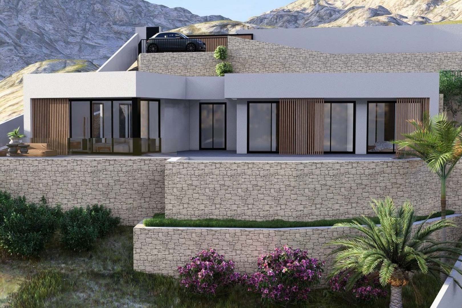 Moderne Architektur mit Natursteinmauern, Holzlamellen und bodentiefen Fenstern, harmonisch in den Hang gebaut mit Blick auf die umliegenden Berge.