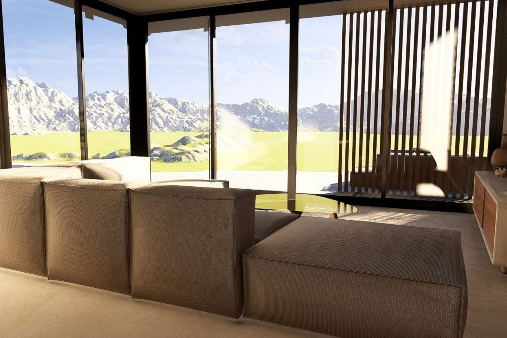 Moderner Wohnbereich mit modularem Sofa und bodentiefen Glasfronten mit Bergblick. Vertikale Holzlamellen setzen architektonische Akzente im Raum.