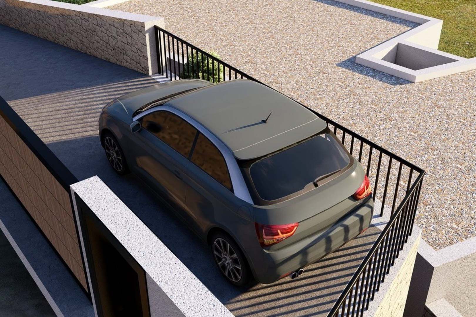 Privater Parkplatz mit Betonpflasterung, gesichert durch ein schwarzes Metallgeländer und angrenzende Natursteinmauern.