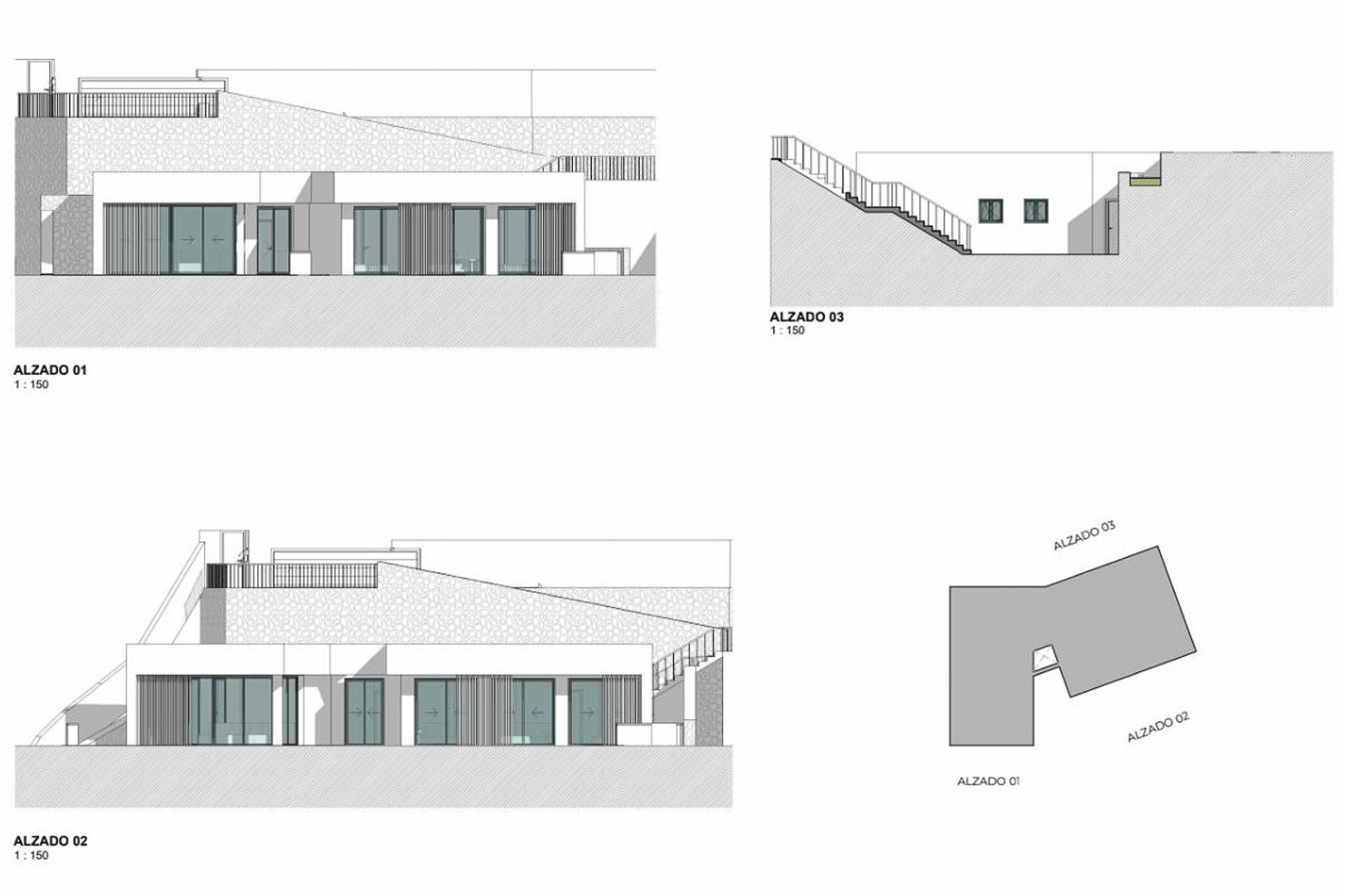Technische Ansichtspläne der modernen Villa mit großen Glasfronten, Natursteinwänden und einer harmonischen Integration in die Hanglage des Grundstücks.