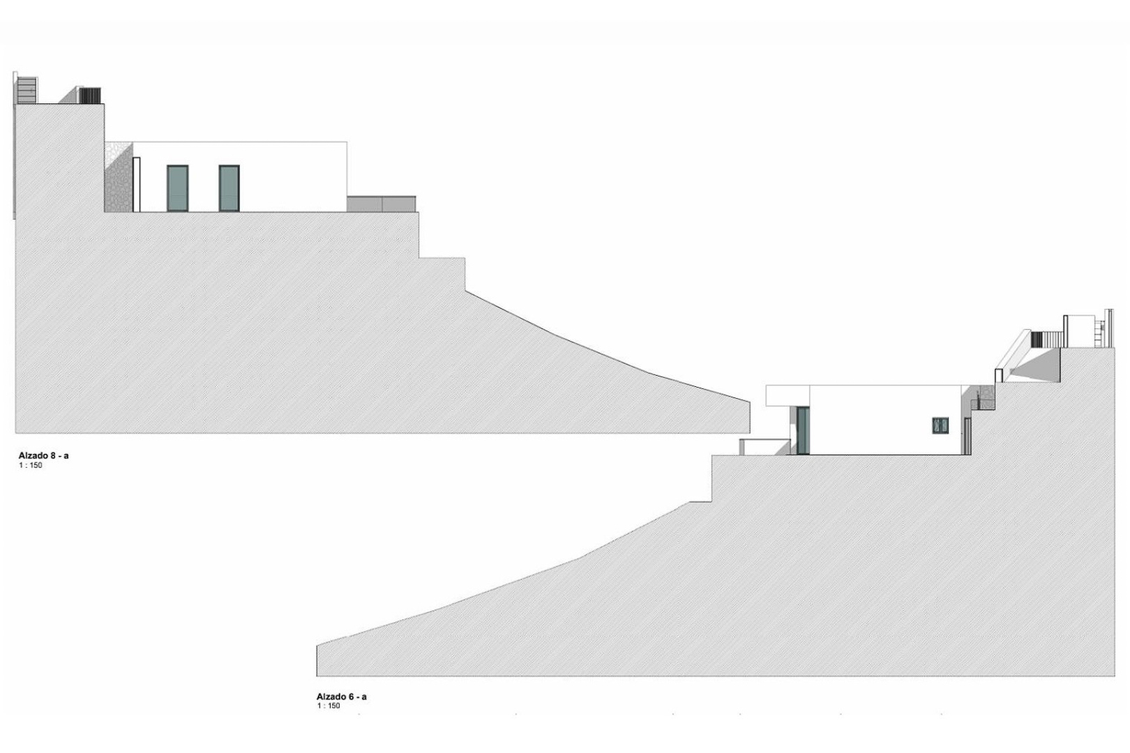Technische Ansichtszeichnungen, die die architektonische Integration der modernen Villa in das abfallende Gelände im Maßstab 1:150 zeigen.