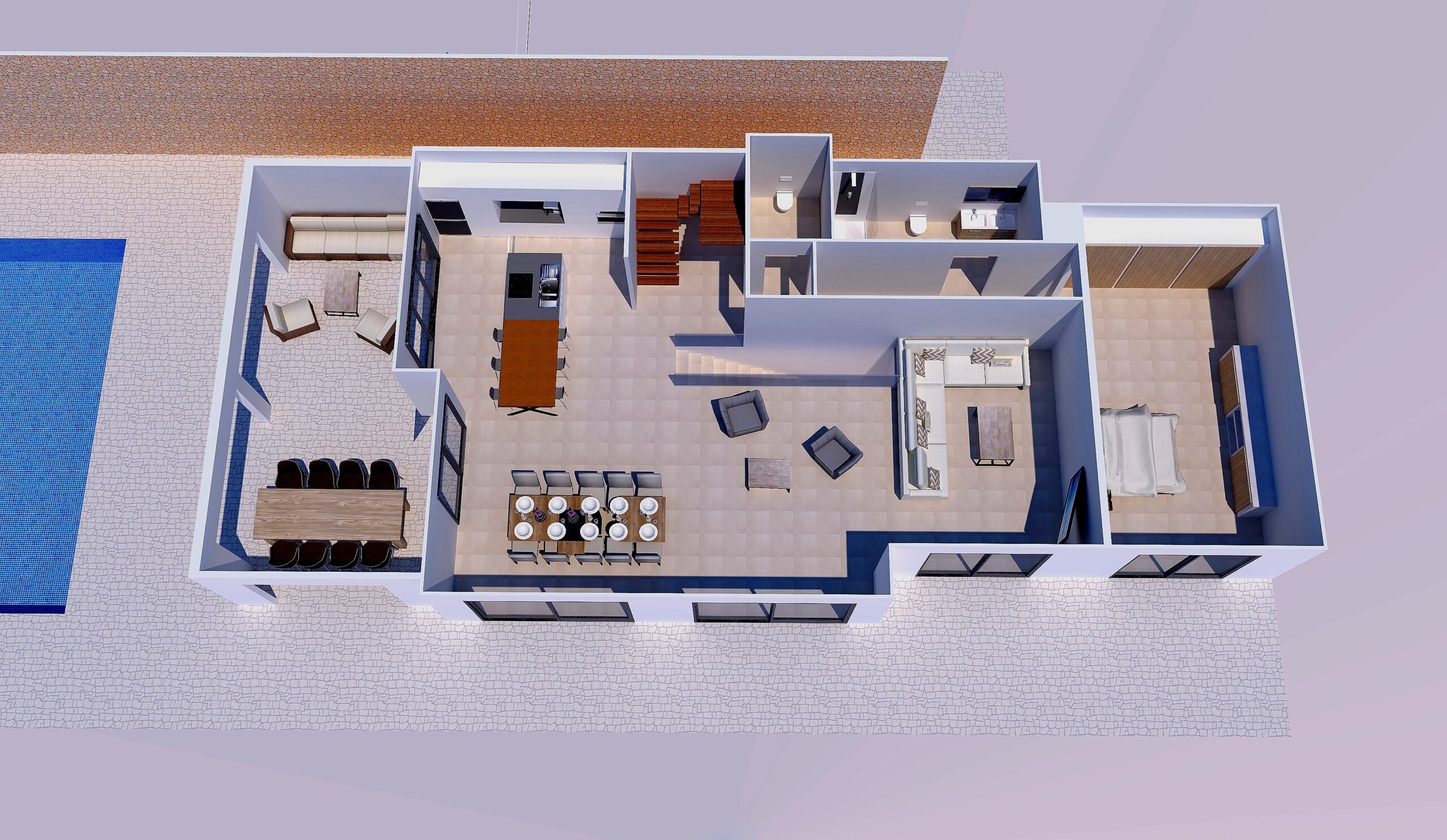 3D-Grundriss der Hauptebene mit offenem Wohn-Essbereich, moderner Inselküche, Master-Suite und direktem Zugang zur Terrasse mit Poolbereich.