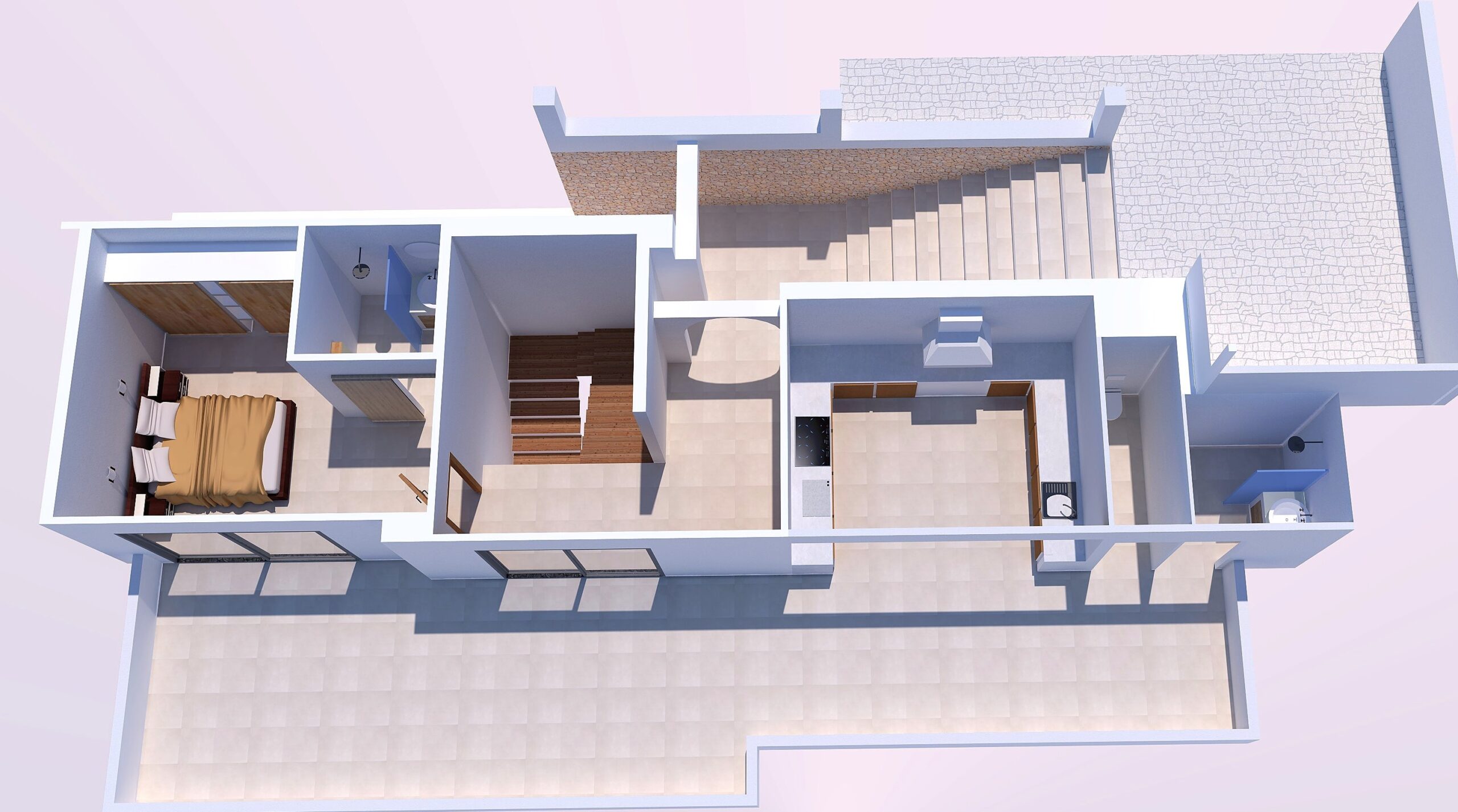 3D-Grundriss der oberen Etage mit Schlafzimmer, En-Suite-Bad, Außenküche und einer großen Südterrasse mit hellen Bodenfliesen und Steindetails.