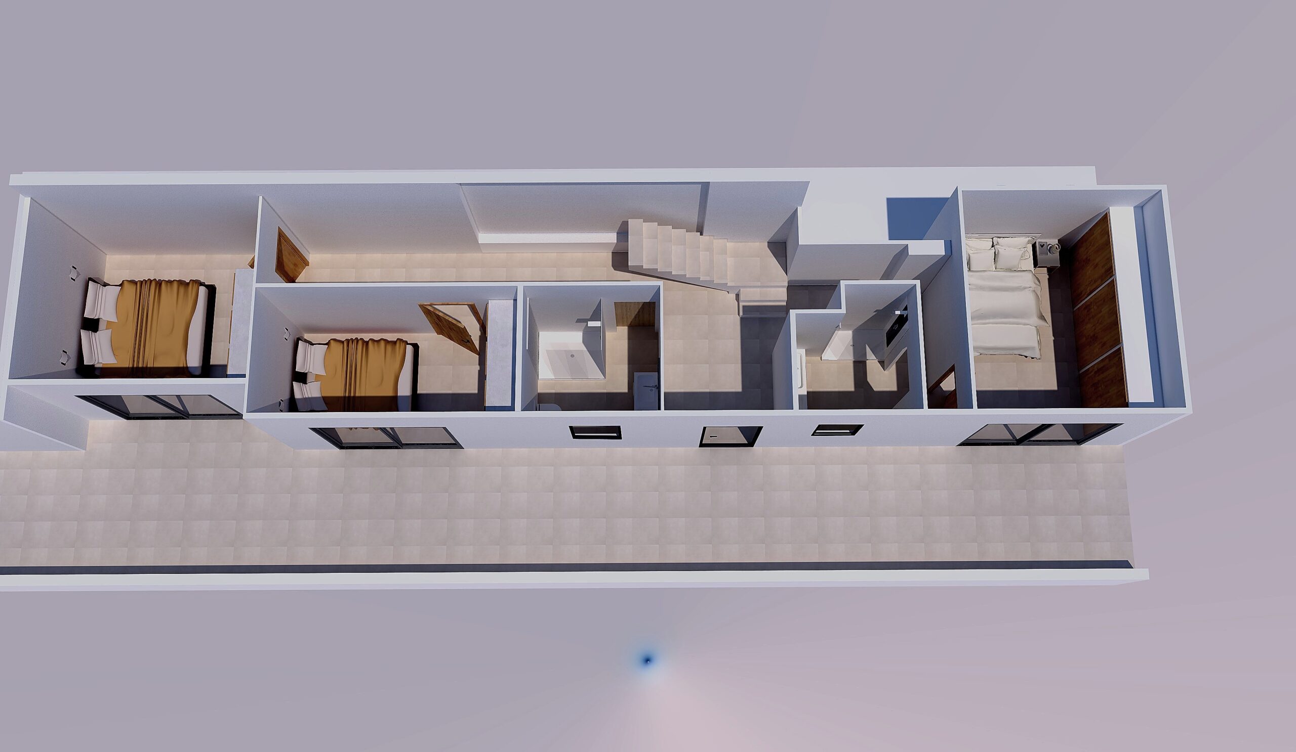 3D-Grundriss der unteren Ebene mit drei Schlafzimmern, Einbauschränken aus Holz, zwei Badezimmern und einer durchgehenden Terrasse mit Fliesenboden.
