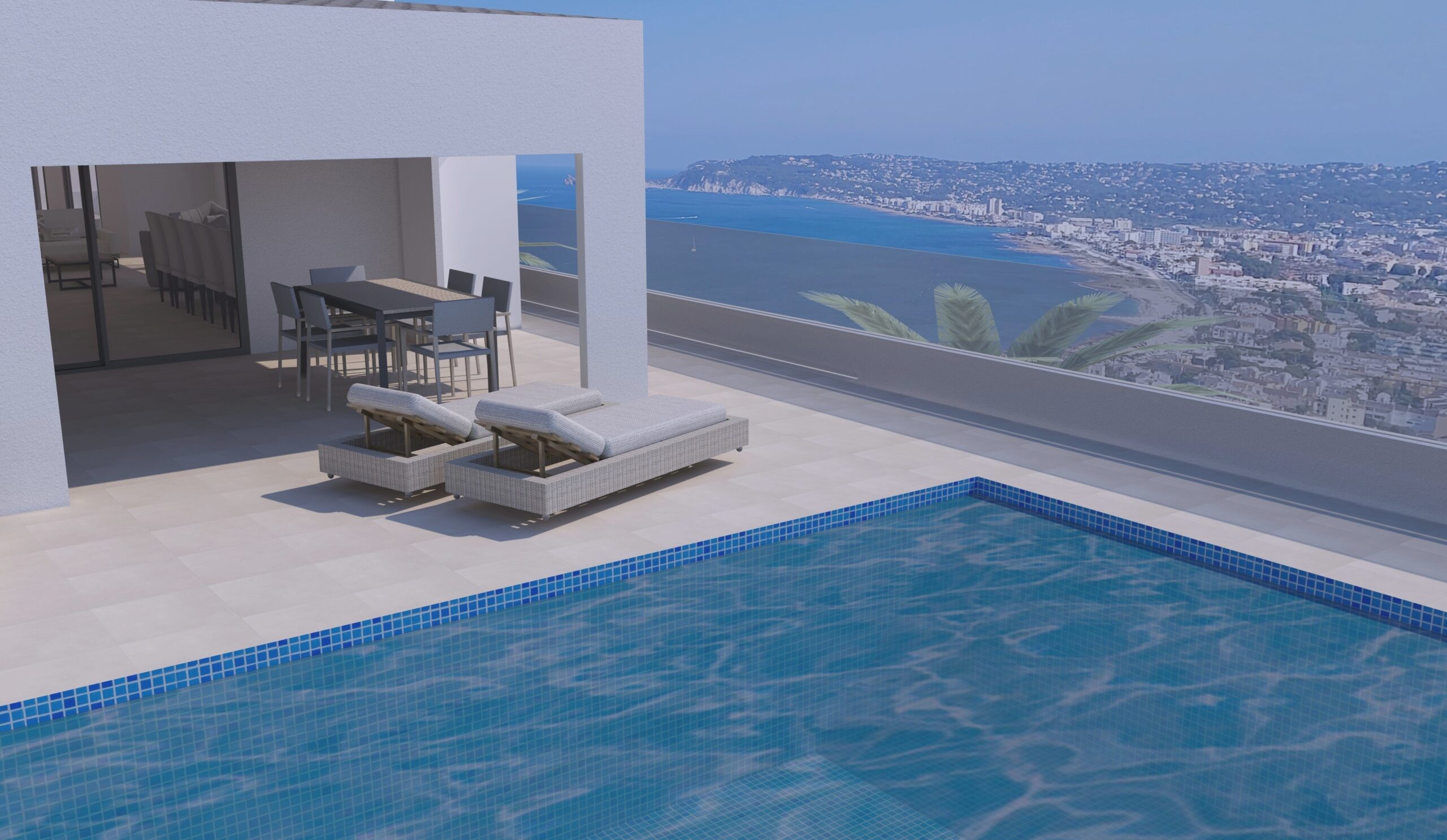 Hauptterrasse mit Pool, überdachtem Essbereich im Freien und Panoramablick über die Bucht und den Hafen von Jávea.