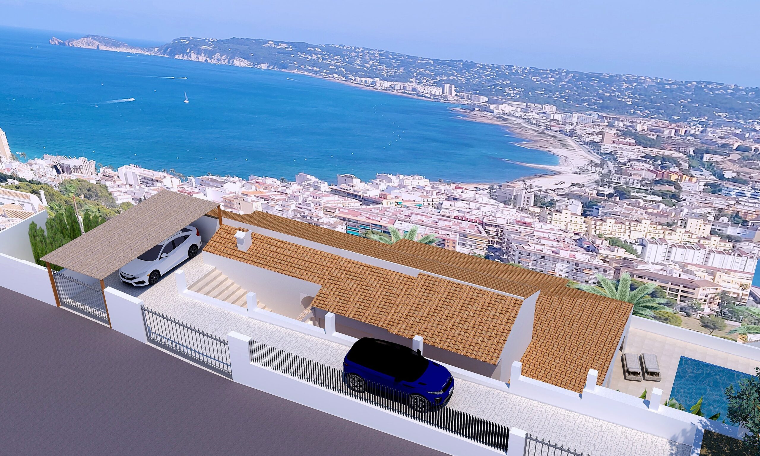 Luftaufnahme des Straßenzugangs mit Carport, Sicherheitstor und Panoramablick über die Bucht und den Hafen von Jávea.