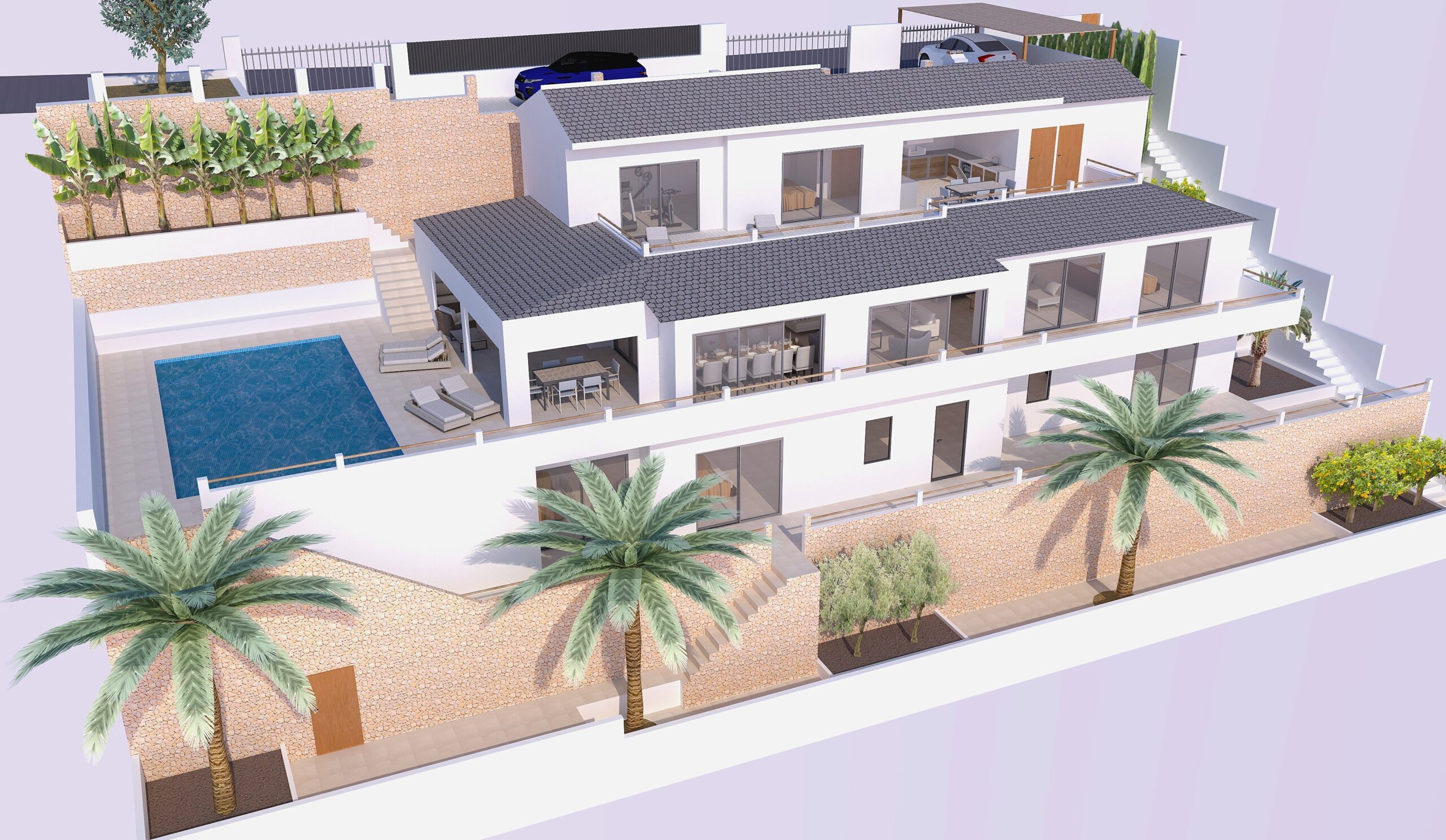 Luftbild-Rendering der dreistöckigen Villa mit weißer Fassade, Natursteinmauern, privatem Pool und weitläufigen Südterrassen in der Urbanisation La Corona.