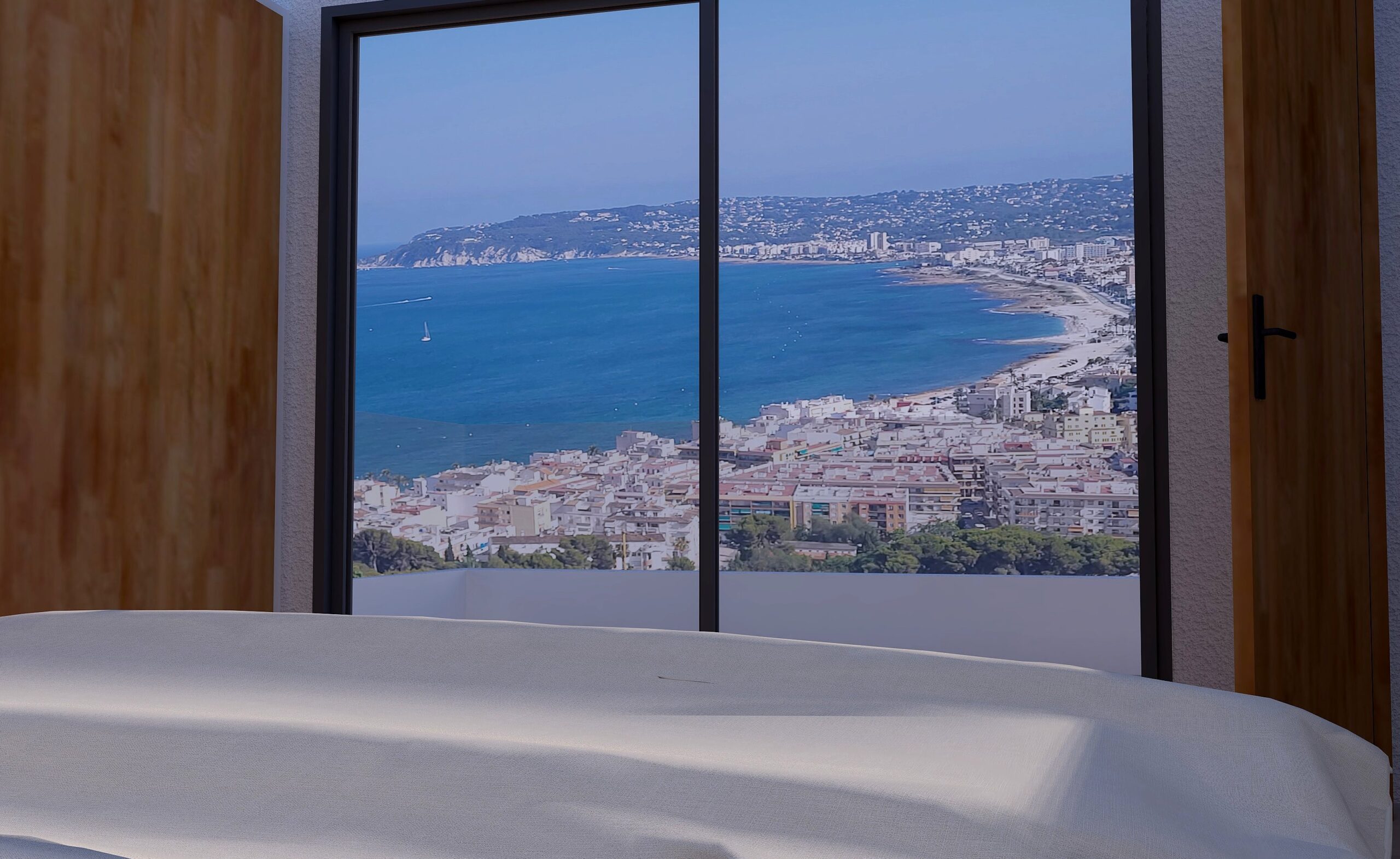 Panoramablick auf die Bucht von Jávea vom Schlafzimmer aus, mit bodentiefen Fenstern und Wandverkleidungen aus Naturholz.