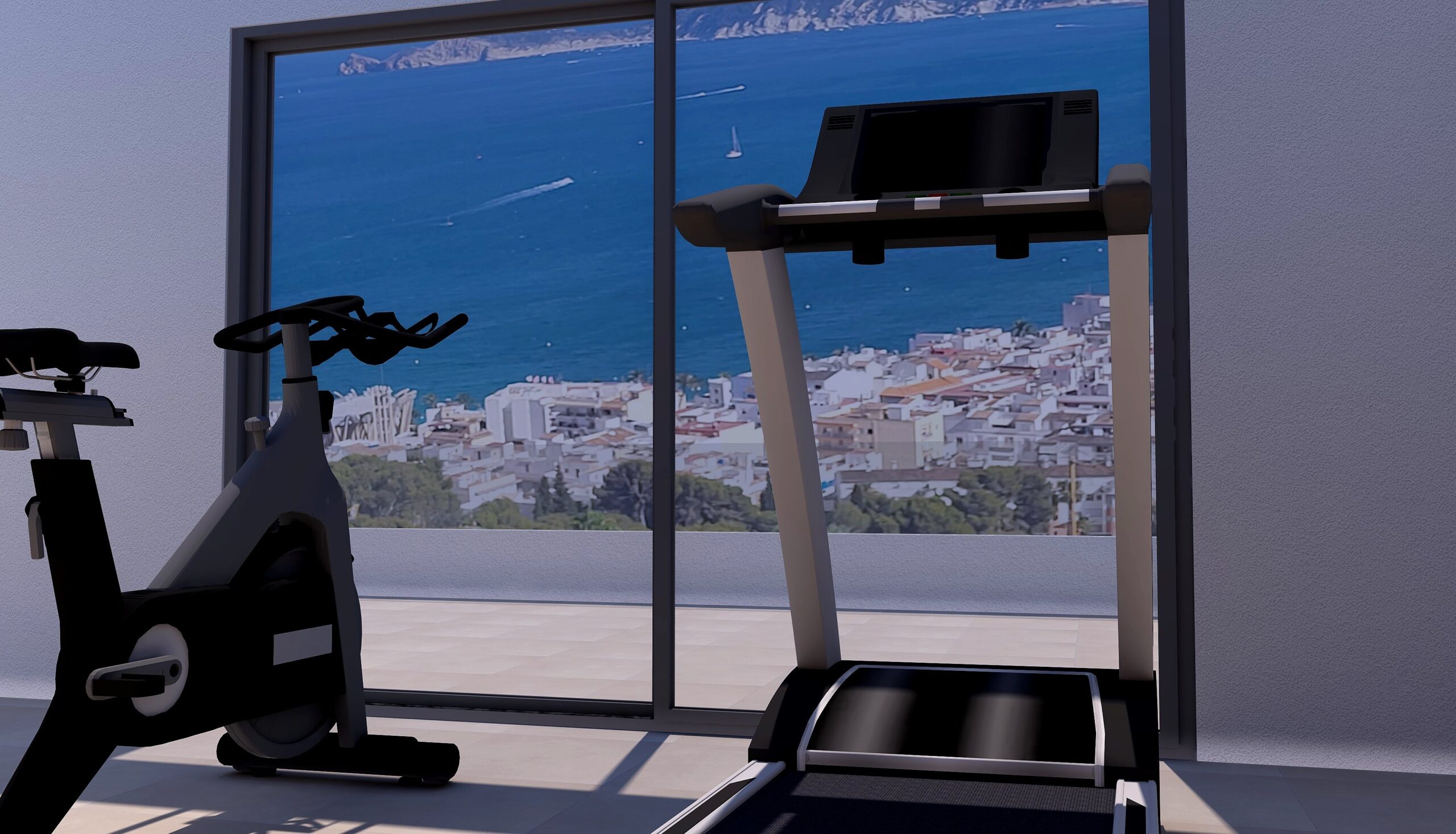 Privater Fitnessraum mit Laufband und Heimtrainer, platziert vor bodentiefen Fenstern mit Panoramablick auf den Hafen von Jávea und das Mittelmeer.