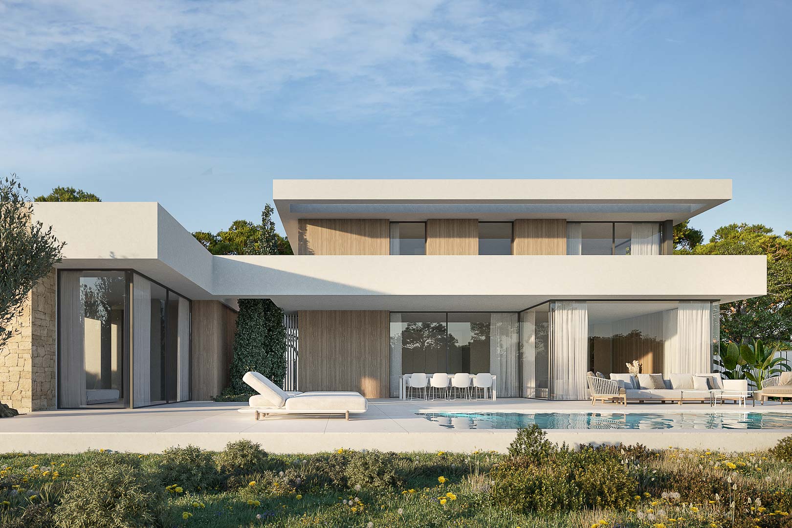 Moderne Außenfassade mit Holzpaneelen und großen Glastüren, die den Poolbereich und die Lounge im Freien mit der natürlichen Umgebung verbinden.
