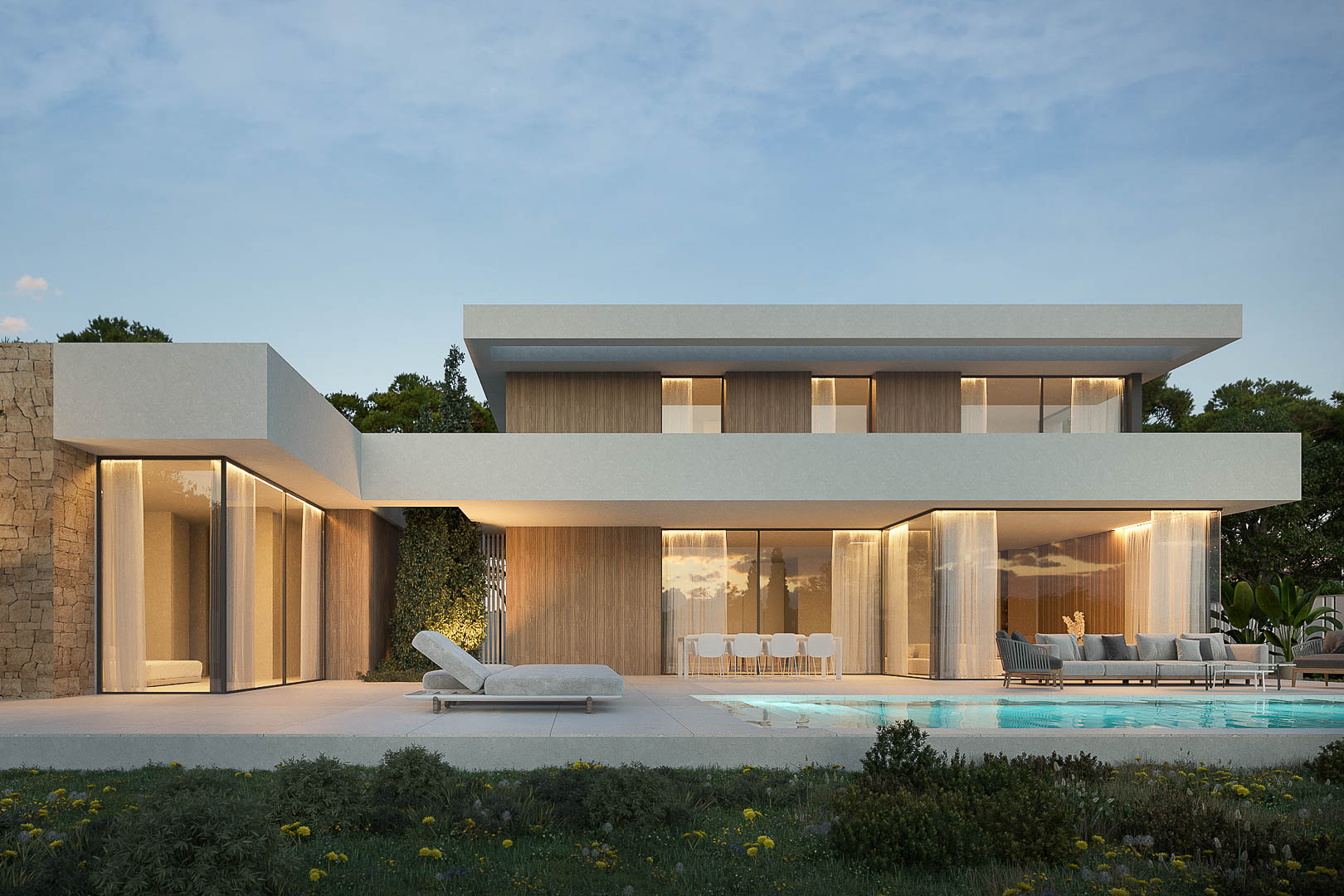 Moderne Außenfassade mit integriertem Pool, großen Glasfronten und einer Kombination aus Holz- und Natursteinverkleidungen bei warmer Abendbeleuchtung.