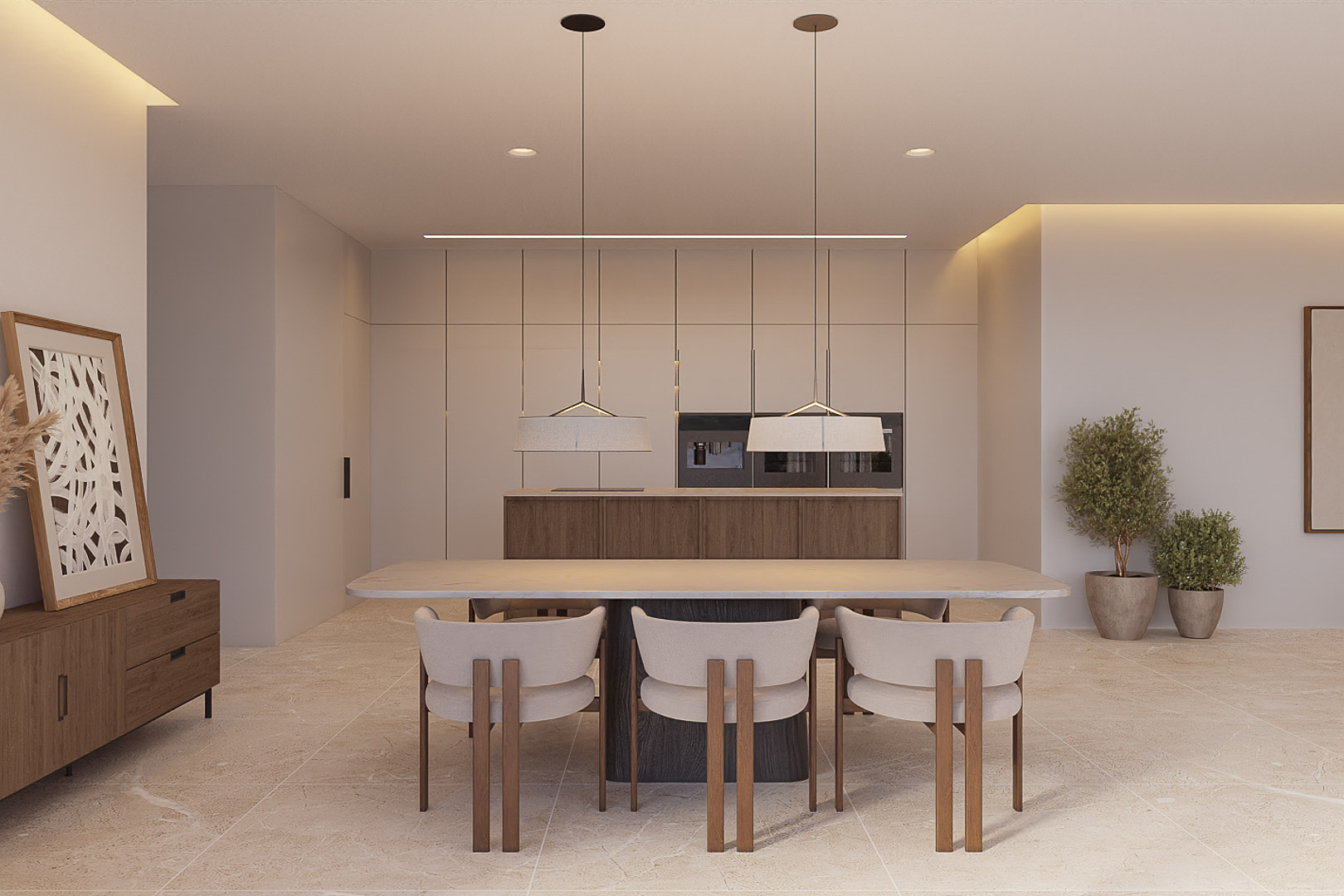 Offener Essbereich mit Steintisch, Designstühlen und minimalistischer Einbauküche, ausgestattet mit hochwertigen Geräten und hellem Natursteinboden.