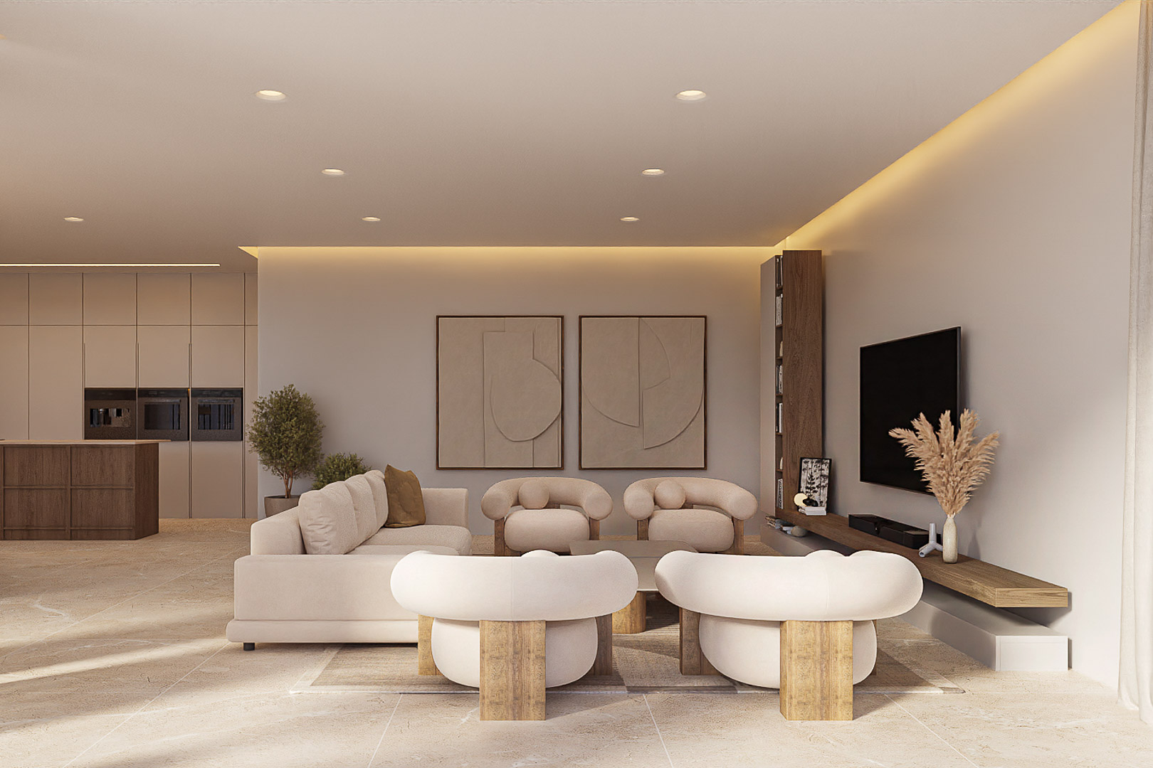 Offener Wohnbereich mit geschwungenen Designersesseln, Natursteinboden und indirekter LED-Beleuchtung, die nahtlos in die minimalistische Küche übergeht.
