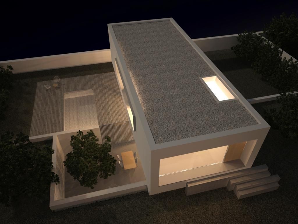 Luftaufnahme bei Nacht, die die minimalistische Architektur, den privaten Pool und den Innenhof mit Essbereich und integrierter Bepflanzung zeigt.