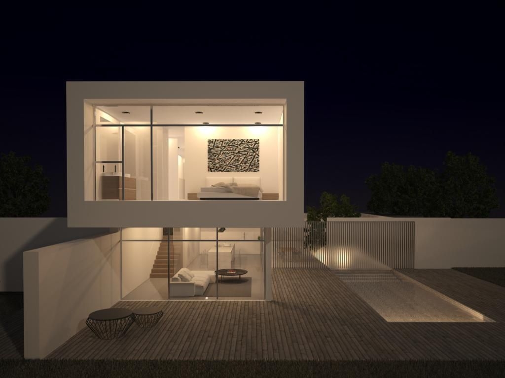 Nachtansicht der minimalistischen Fassade mit dem Hauptschlafzimmer im Obergeschoss und dem Wohnbereich, der an die Holzterrasse mit Pool grenzt.