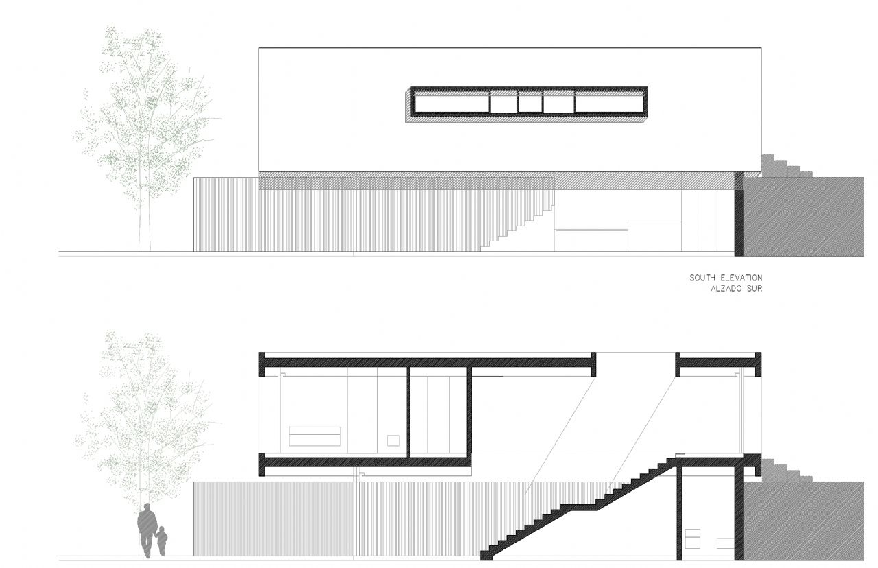 Technische Architekturzeichnung der Südfassade und eines Querschnitts der Villa, die das minimalistische Design und die interne Treppenanordnung zeigt.