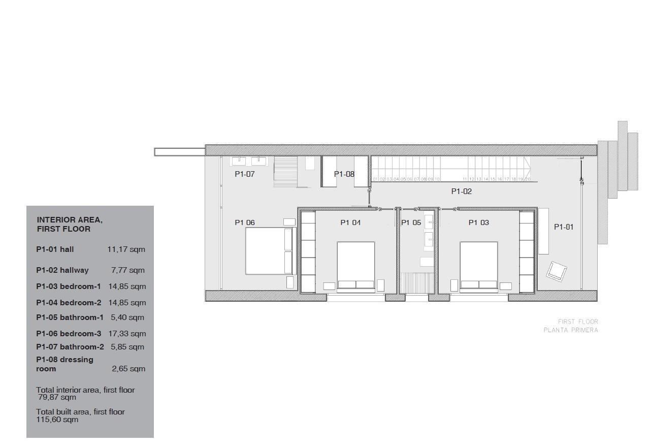 Technischer Grundriss des ersten Obergeschosses mit drei Schlafzimmern, zwei Bädern und einem Ankleidezimmer bei einer bebauten Fläche von 115,60 m².