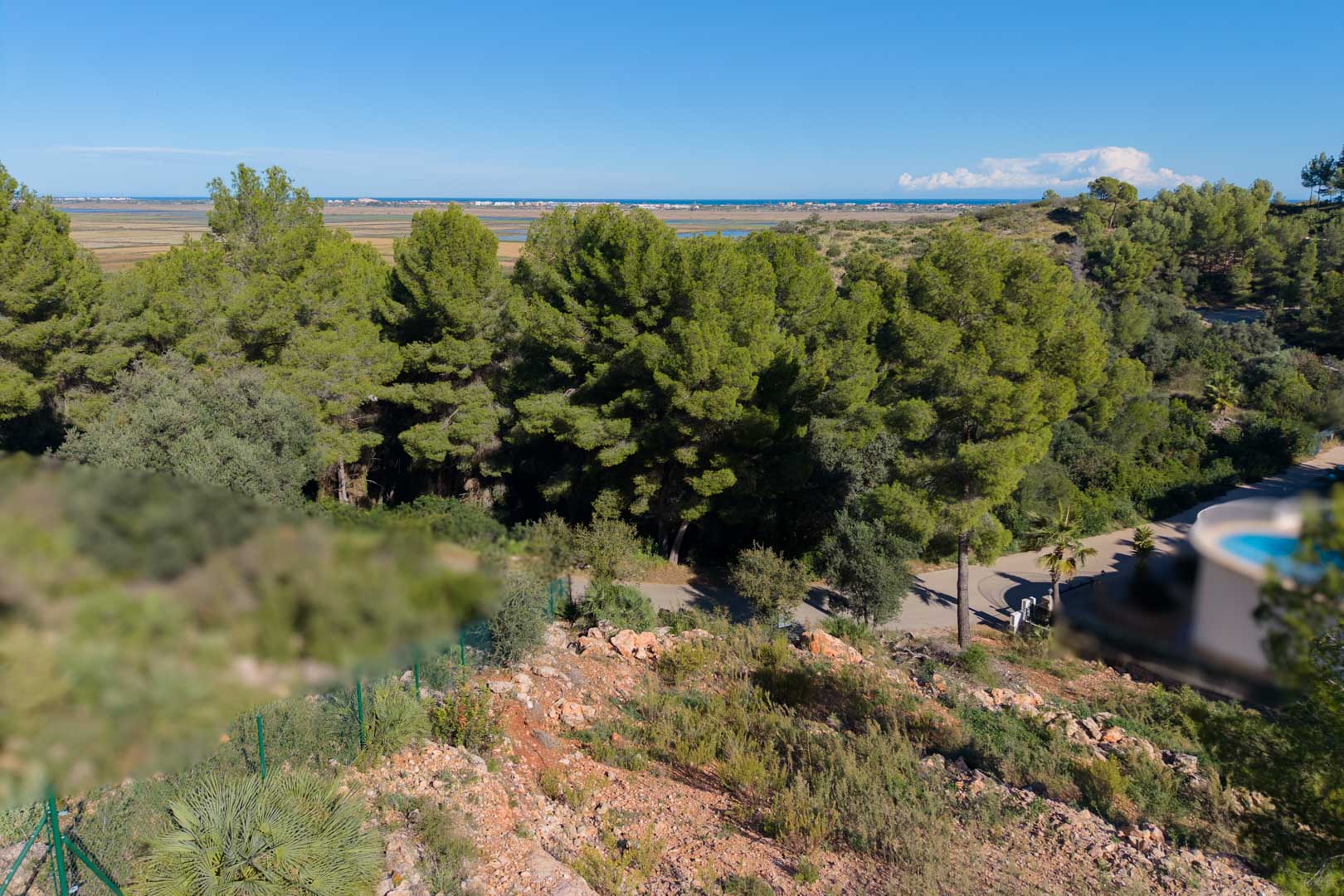 Erhöhte Grundstückslage mit Panoramablick auf den Naturpark Marjal de Pego und das Meer, eingebettet in einen dichten, natürlichen Pinienbestand.