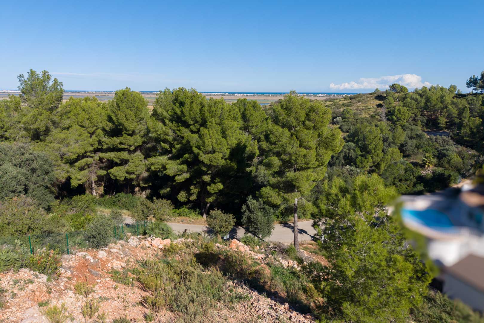 Erhöhter Panoramablick vom Grundstück auf das Mittelmeer und den Naturpark Marjal, umgeben von einheimischen Pinienwäldern und mediterraner Flora.