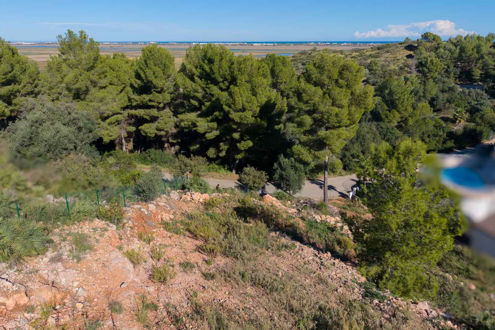 Panoramablick vom erhöhten Grundstück auf den Naturpark Marjal de Pego und das Mittelmeer, umgeben von Pinien und einer natürlichen Felslandschaft.
