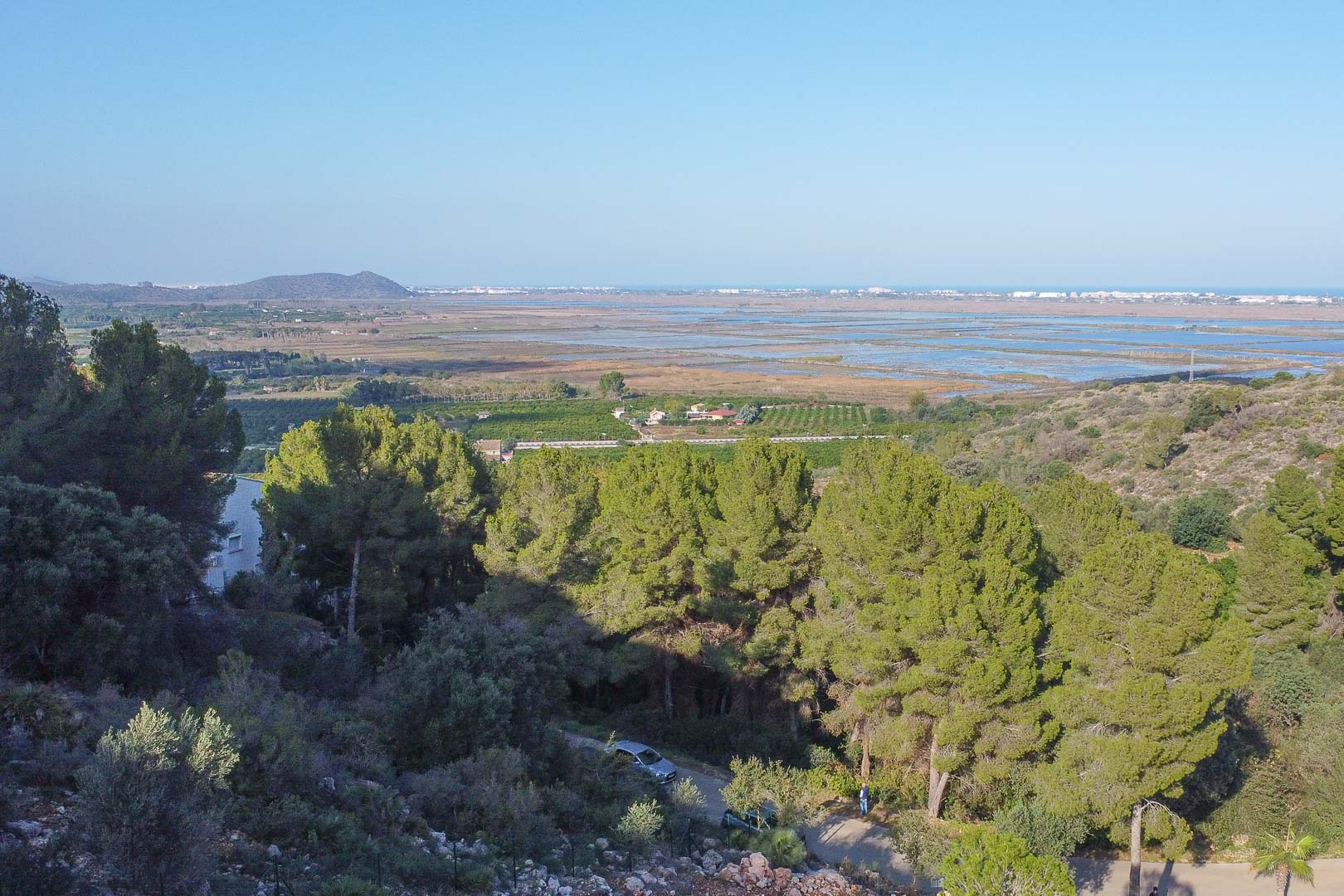 Panoramablick vom Grundstück auf den Naturpark Marjal de Pego und das Mittelmeer, umgeben von Pinien und mediterraner Hangvegetation.