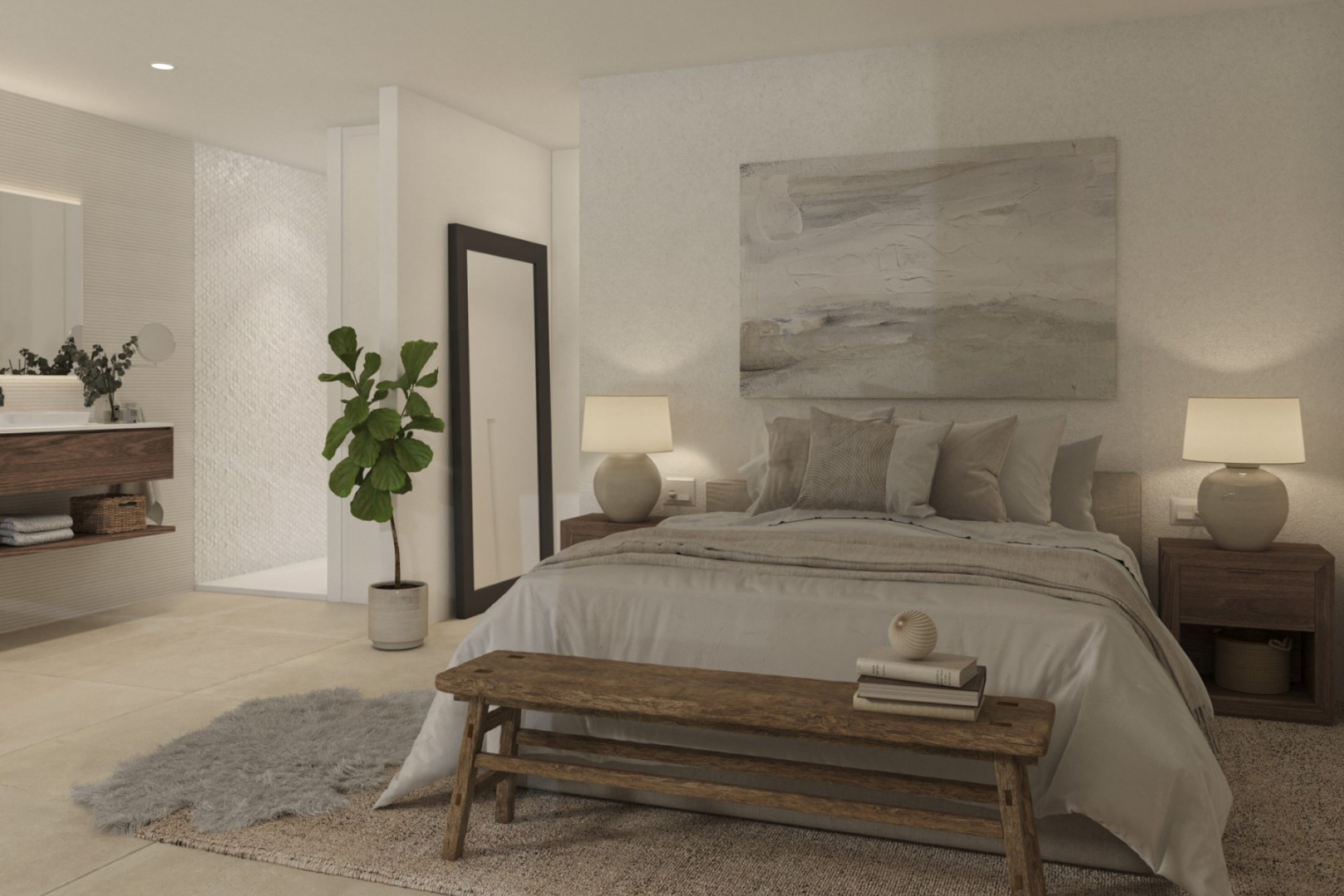 Hauptschlafzimmer mit integriertem Bad, Naturholzmöbeln, einer strukturierten begehbaren Dusche und einer neutralen Farbpalette mit Einbaustrahlern.