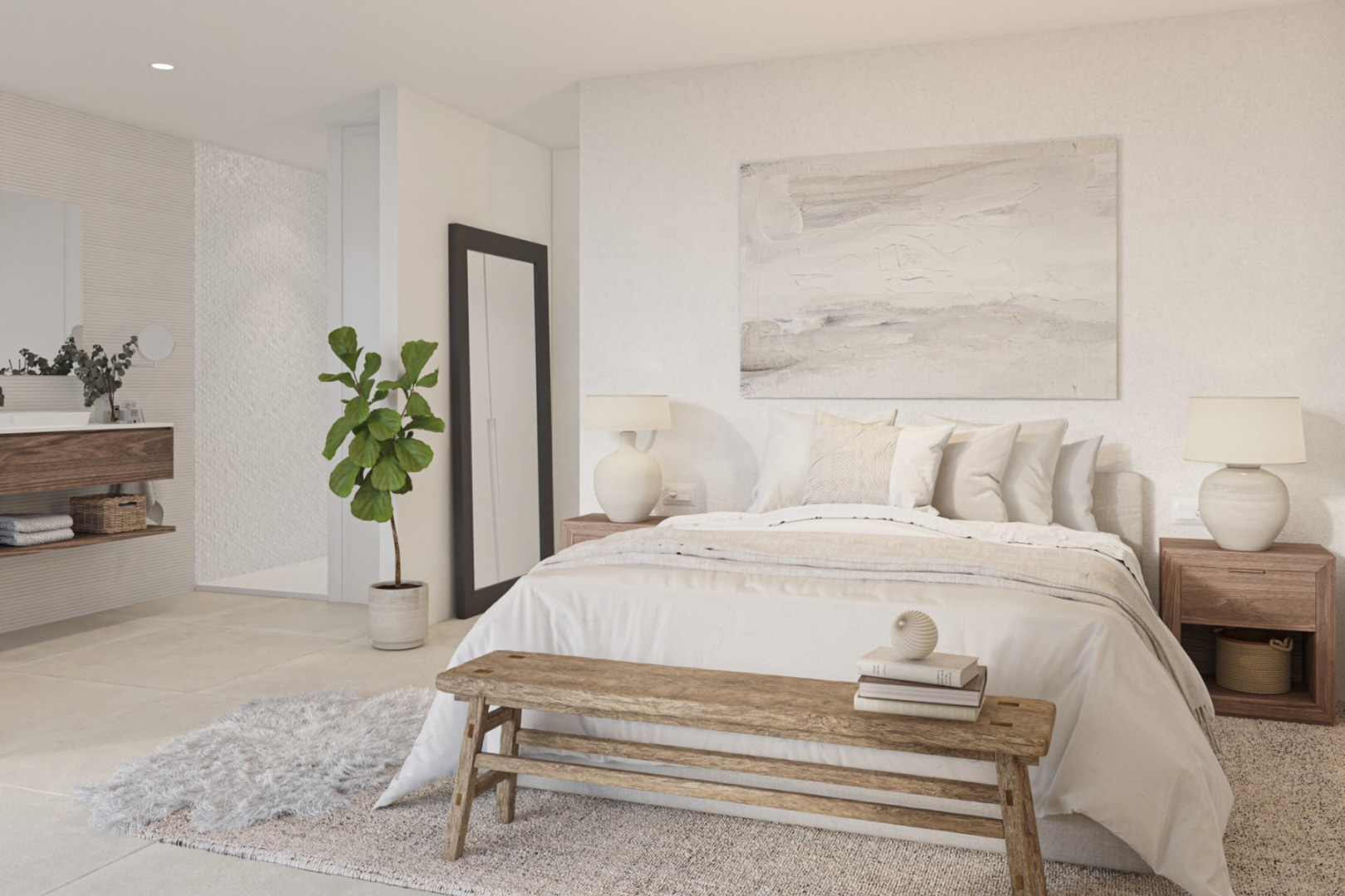 Hauptschlafzimmer mit integriertem Bad, Naturholzmöbeln, neutralen Textilien und einem schwebenden Waschtisch vor strukturierten Wandfliesen.