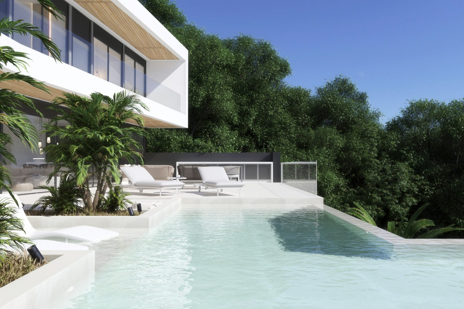 Infinity-Pool und weiße Steinterrasse mit Sonnenliegen, Glasgeländern und Deckenuntersichten aus Naturholz vor einer üppigen grünen Kulisse.