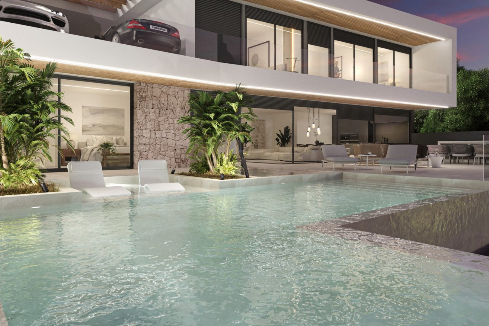Moderne Fassade mit Infinity-Pool, integrierten Sonnenliegen und Natursteinwänden. Die LED-Beleuchtung betont die großzügigen Terrassen und die bodentiefen Glasfronten.