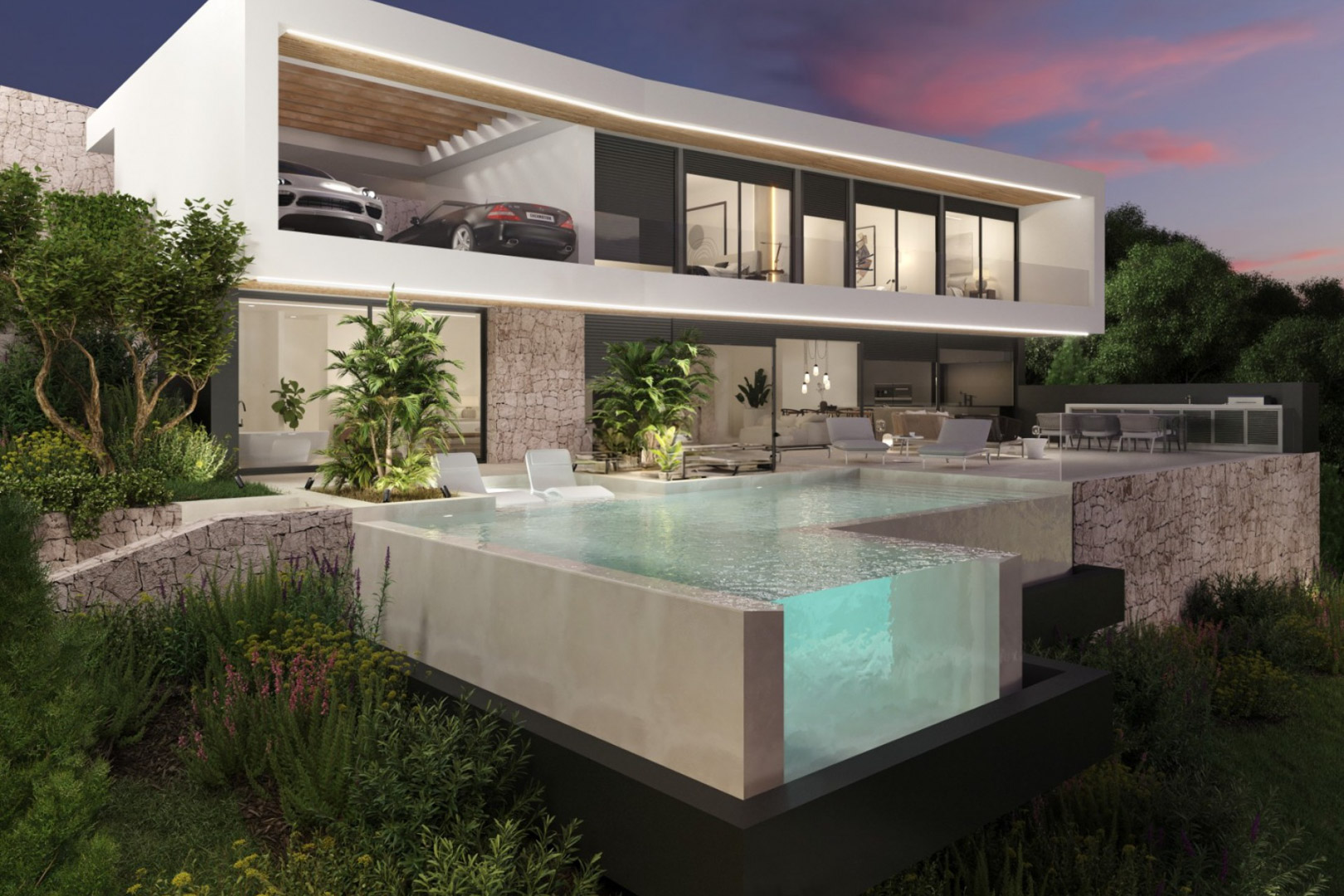 Moderne zweistöckige Villa mit Infinity-Pool mit Glasecke, Natursteinmauern und integrierter LED-Beleuchtung in der Abenddämmerung.