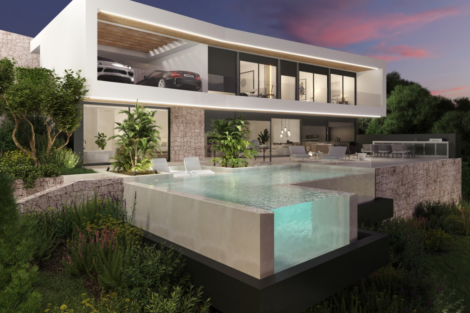 Moderne zweistöckige Villa mit Infinity-Pool und Glasecke, Natursteinwänden und integrierter LED-Beleuchtung. Verfügt über ein erhöhtes Carport und Terrassen.