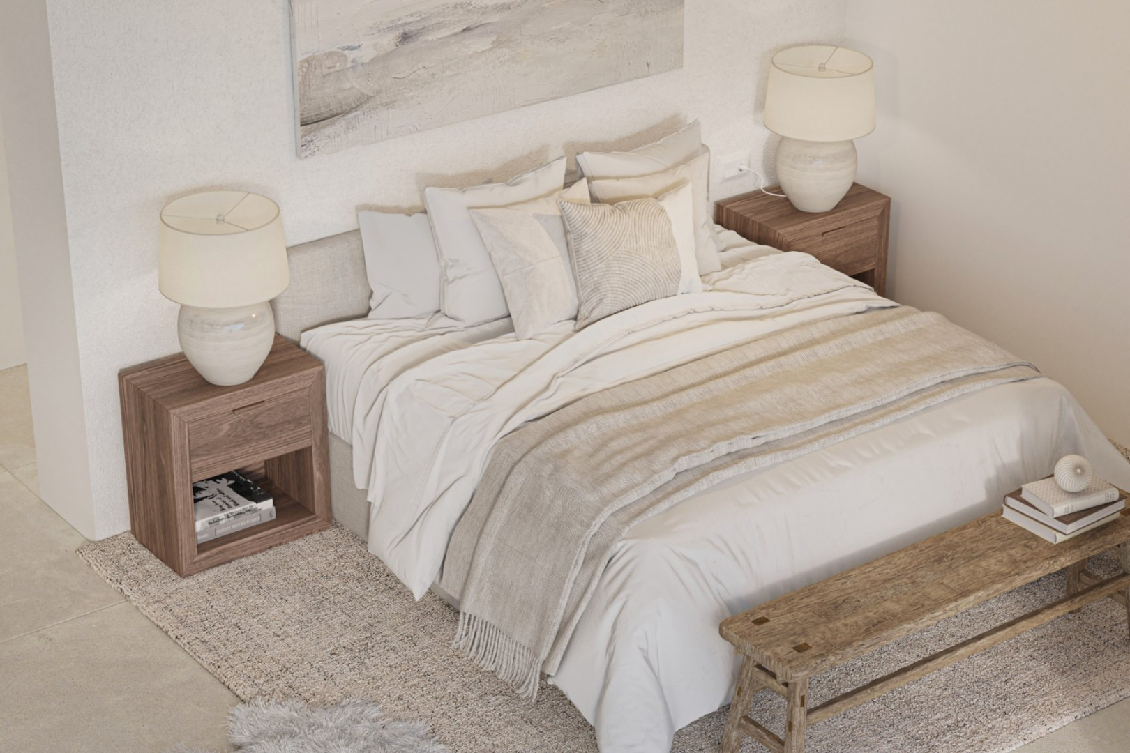 Modernes Schlafzimmer mit Doppelbett, Nachttischen aus Naturholz und Keramiklampen. Ausgestattet mit einer rustikalen Holzbank am Fußende und neutralen Farbtönen.