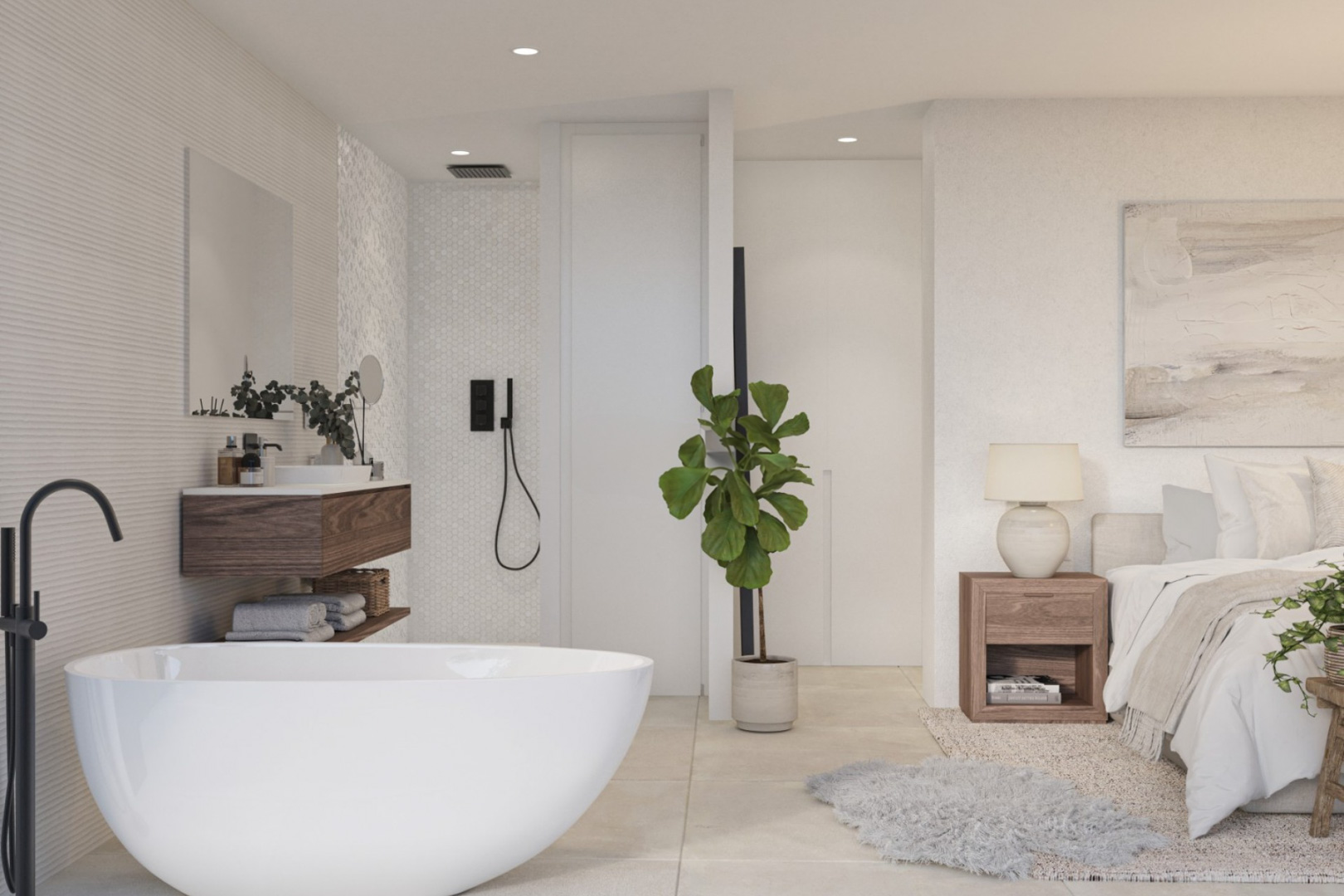 Offene Mastersuite mit freistehender Badewanne, mattschwarzen Armaturen und einem schwebenden Waschtisch aus Holz vor strukturierten Wandfliesen.