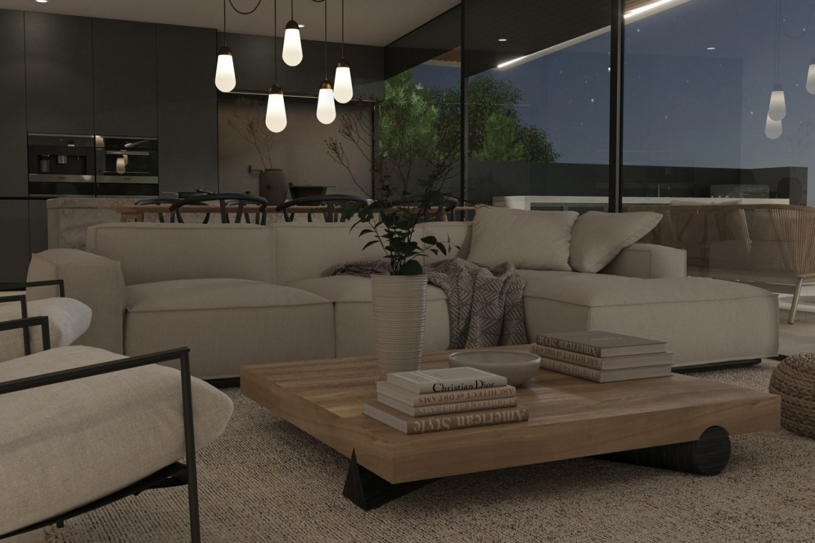 Offener Wohnbereich mit beigem Ecksofa, massivem Couchtisch aus Holz und bodentiefen Glasfronten mit Blick auf die Terrasse bei Nacht.