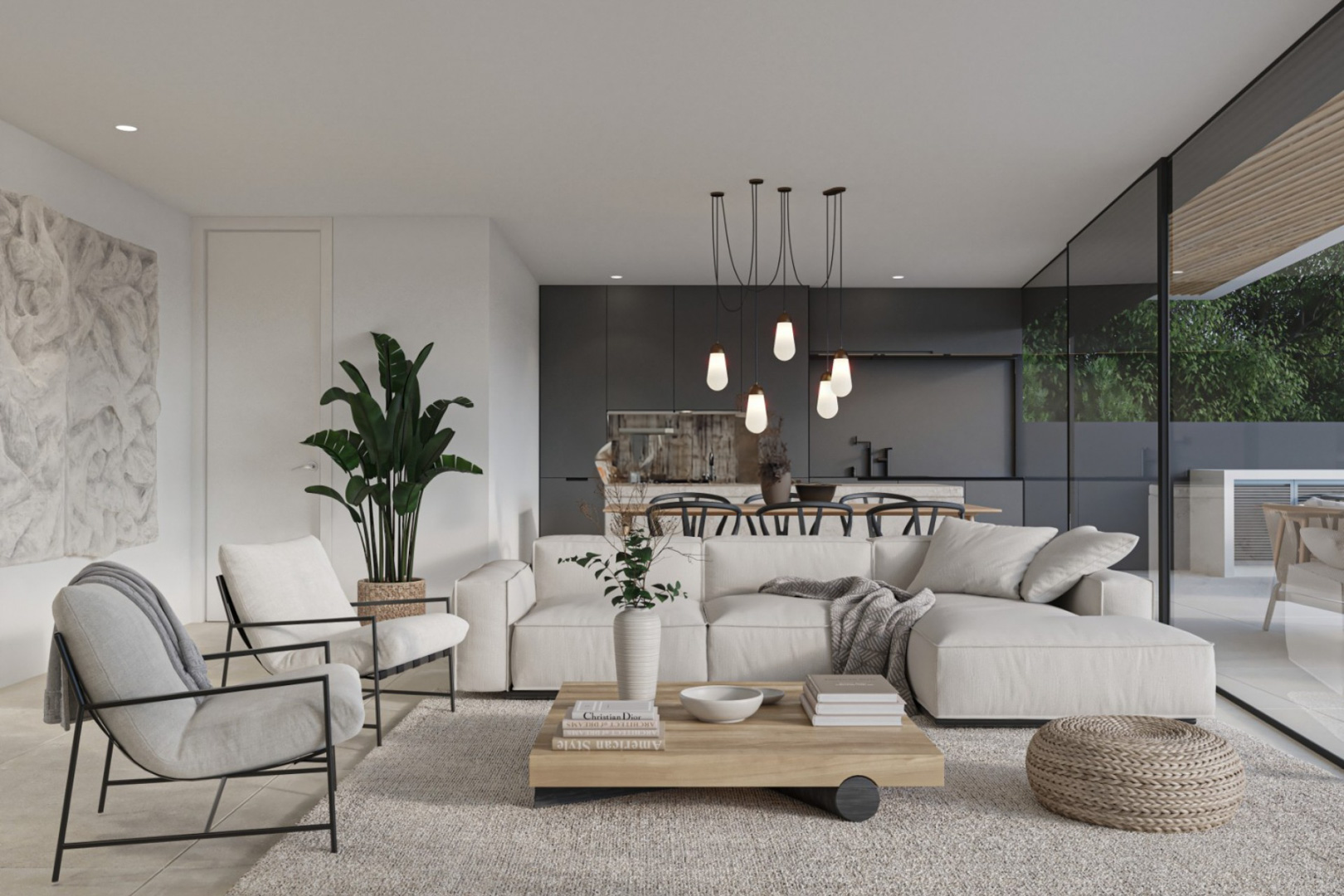 Offener Wohnbereich mit minimalistischen Möbeln in neutralen Tönen, dunkler Einbauküche und direktem Terrassenzugang durch großzügige, bodentiefe Glasfronten.