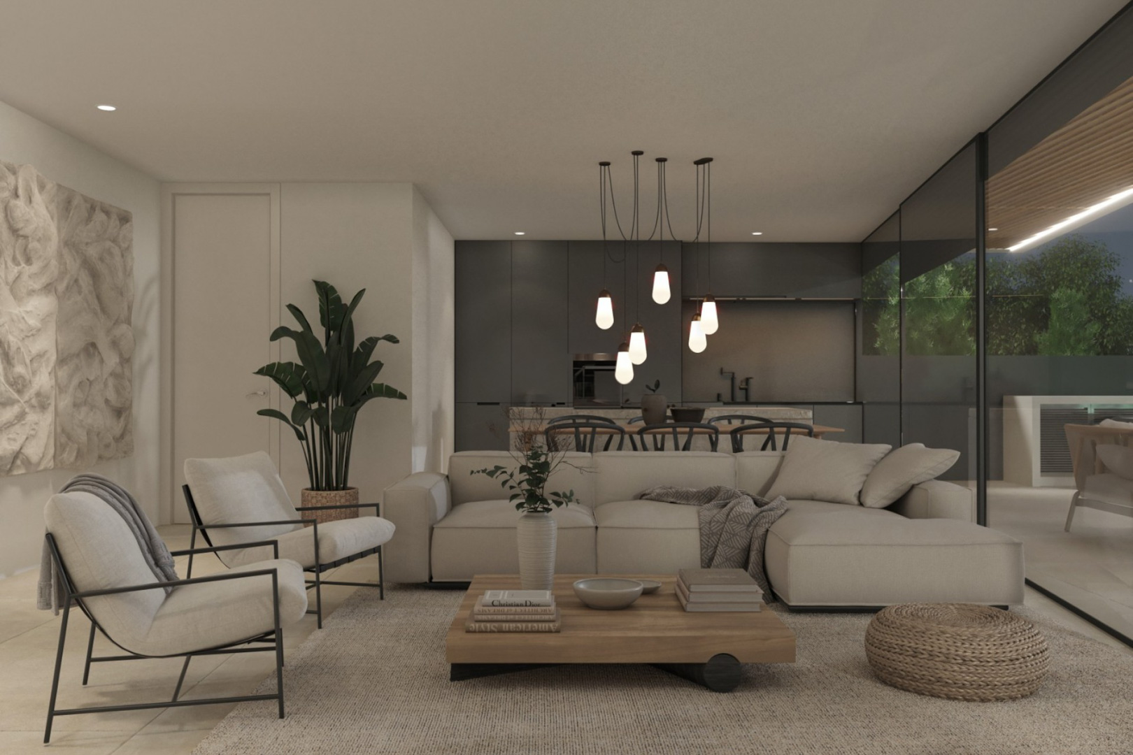 Offener Wohnbereich mit Möbeln in neutralen Tönen, Designer-Pendelleuchten und integrierter Küche mit dunklen Fronten. Große Glasfronten verbinden den Innenraum mit der Terrasse.