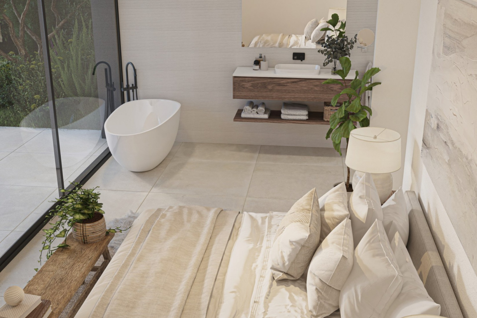 Offenes Hauptschlafzimmer mit freistehender Badewanne am bodentiefen Fenster, Holzwaschtisch mit schwarzen Armaturen und hellen Natursteinfliesen.