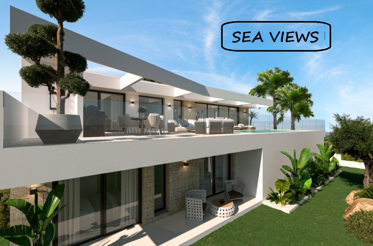 Moderne zweistöckige Villa mit Natursteinakzenten, Glasgeländer-Terrassen, Infinity-Pool und einem gepflegten Garten mit mediterraner Bepflanzung.