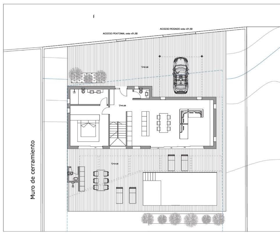 Technischer Grundriss des Erdgeschosses mit offenem Wohnkonzept, En-Suite-Schlafzimmer und großzügigem Außenbereich inklusive privatem Pool und Parkplatz.