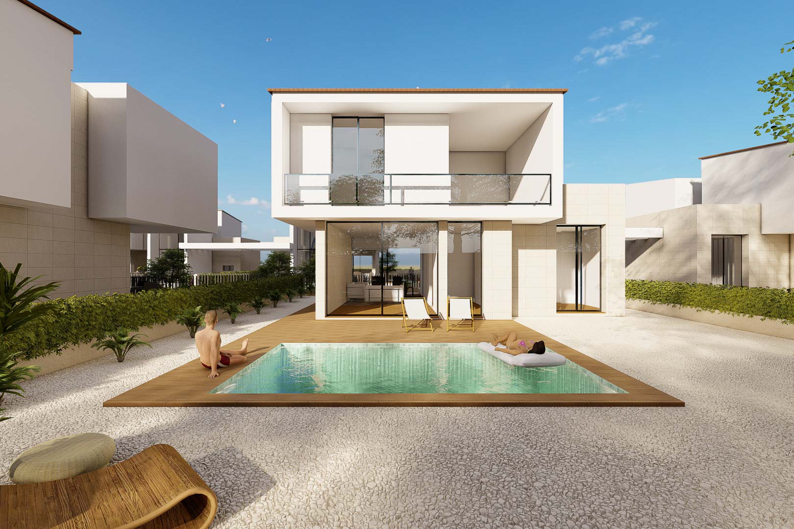 Außenansicht der Villa mit privatem Pool auf Holzdeck, weißem Kiesgarten und minimalistischer zweistöckiger Fassade mit großen Glasfronten.