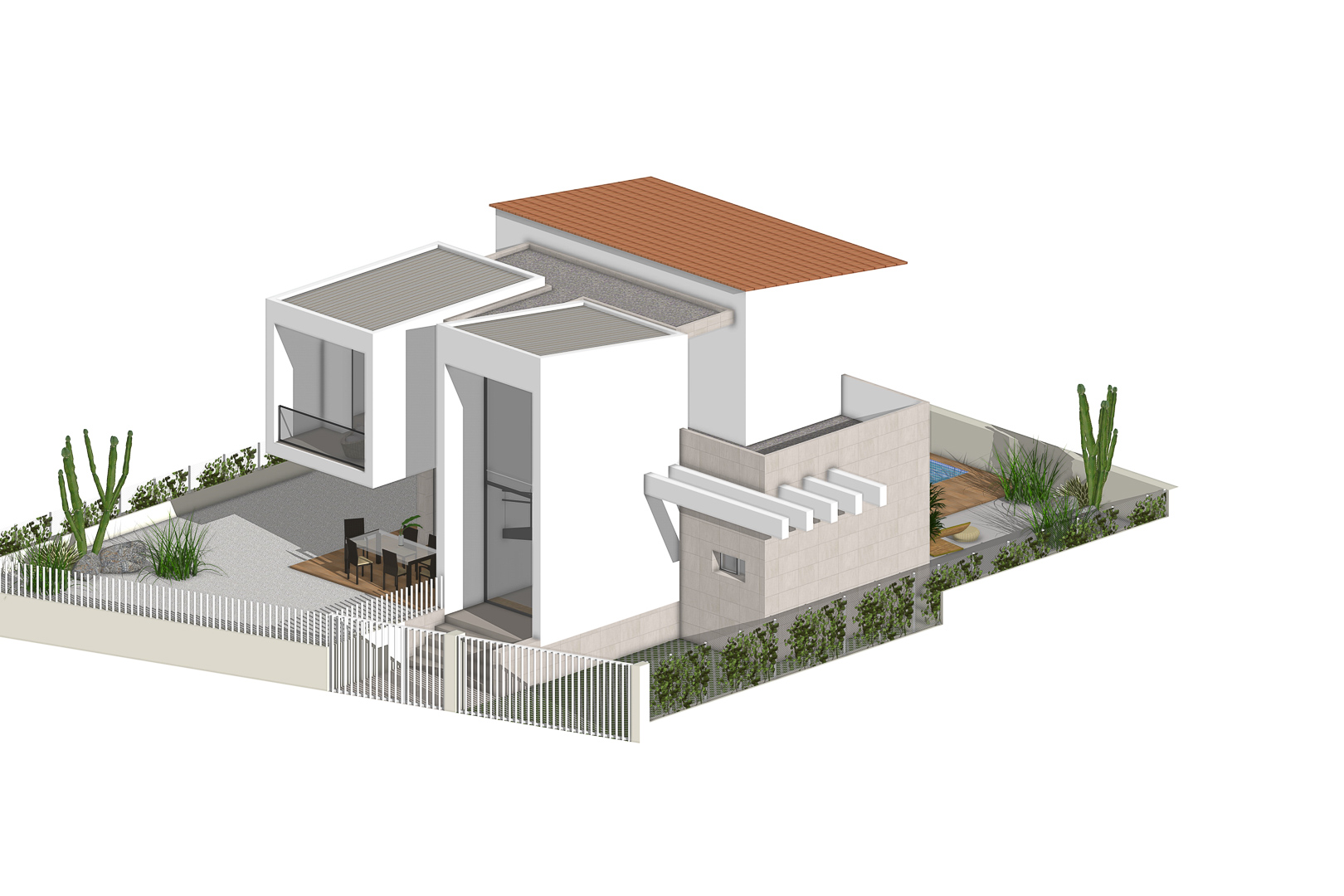 Isometrische Ansicht der modernen Villa mit weißer Fassade, mediterranem Garten, Außen-Essbereich und privatem Pool auf einem eigenständigen Grundstück.