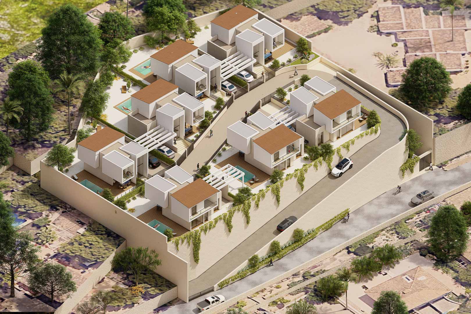 Luftaufnahme der Wohnanlage Vila Natura mit sieben modernen, freistehenden Villen, privaten Pools und angelegten Gärten auf einem gesicherten Grundstück.