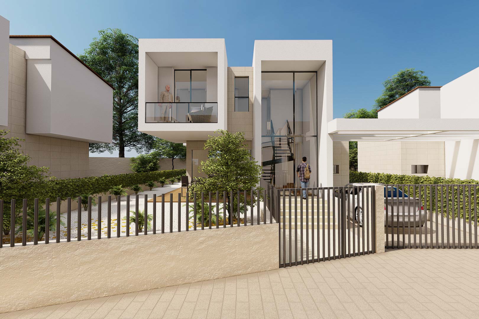 Moderne Villa in kubischer Bauweise mit doppelt hohem Glaseingang, auskragendem Balkon und privatem Stellplatz in gepflegter Gartenanlage.
