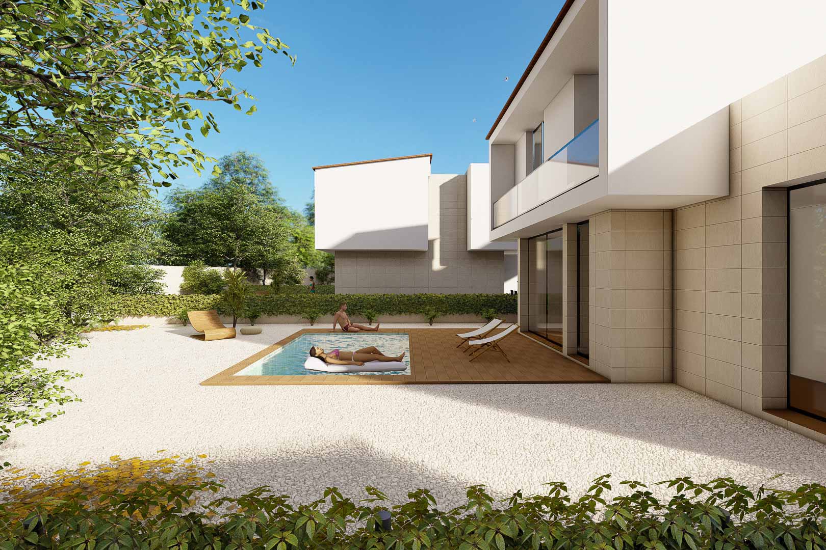 Moderne Villa mit privatem Pool, Holzterrasse und weißem Kiesgarten, die zeitgenössische Architektur mit Natursteinverkleidung und Glasbalkonen kombiniert.