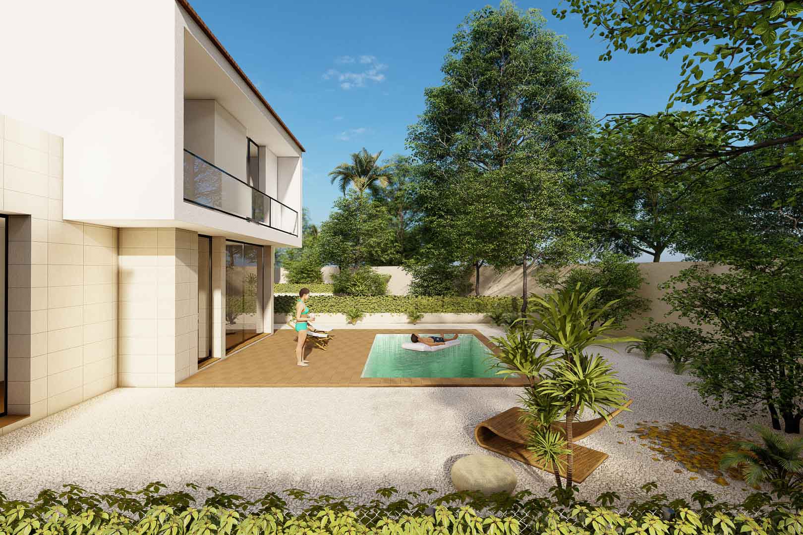 Moderne Villenfassade mit privatem Pool, Holzumrandung und weißem Kiesgarten. Das Design besticht durch helle Steinverkleidung und transparente Glasbalkone.